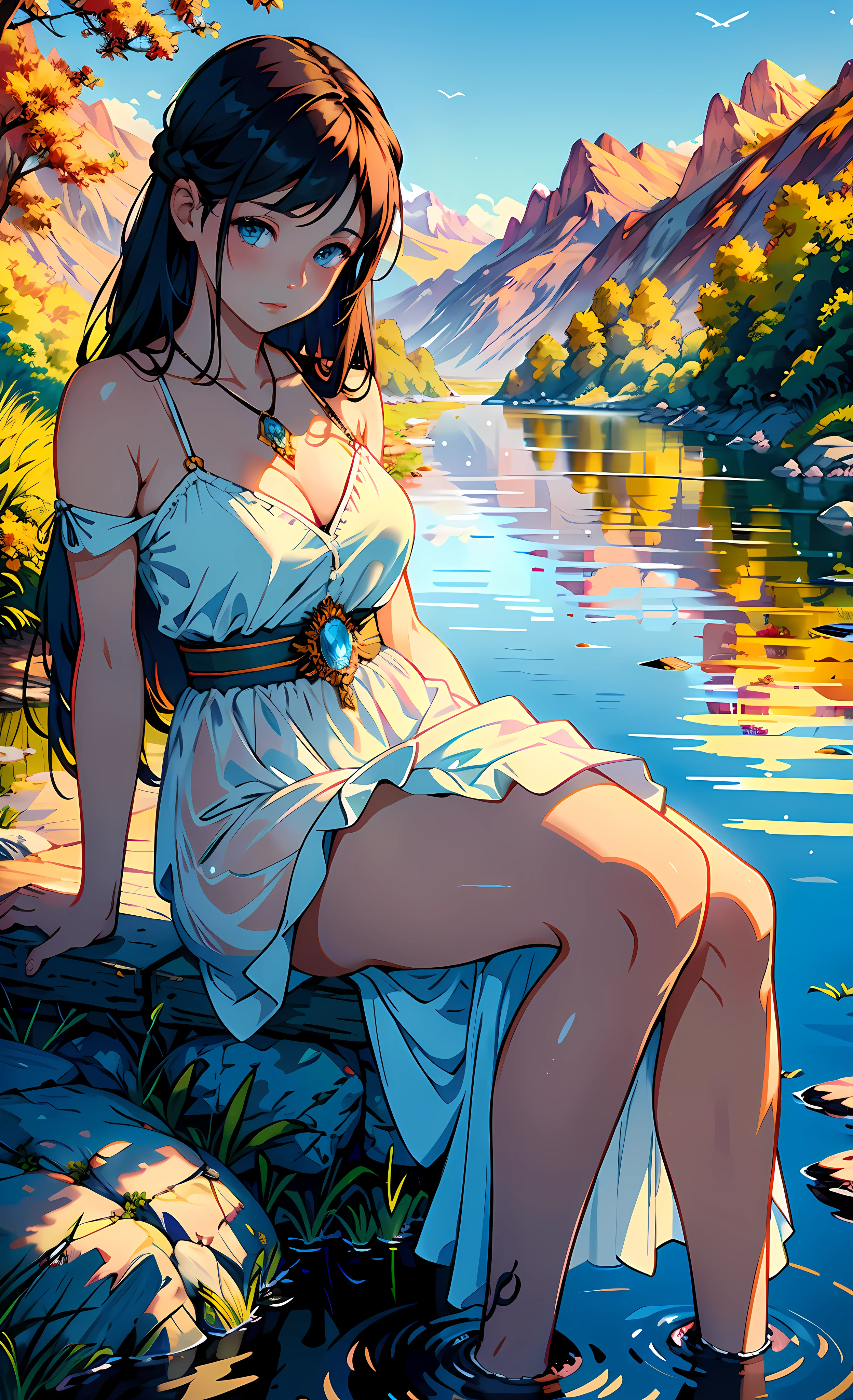 1 girl, serene expression, mesmerizing eyes, straight long hair, flowing dress, poised posture, porcelain skin, subtle blush, crystal pendant
BREAK
golden hour, (rim lighting):1.2, warm tones, sun flare, soft shadows, vibrant colors, painterly effect, dreamy atmosphere
BREAK
scenic lake, distant mountains, willow tree, calm water, reflection, sunlit clouds, peaceful ambiance, idyllic sunset, ultra detailed, official art, unity 8k wallpaper
, zentangle, mandala