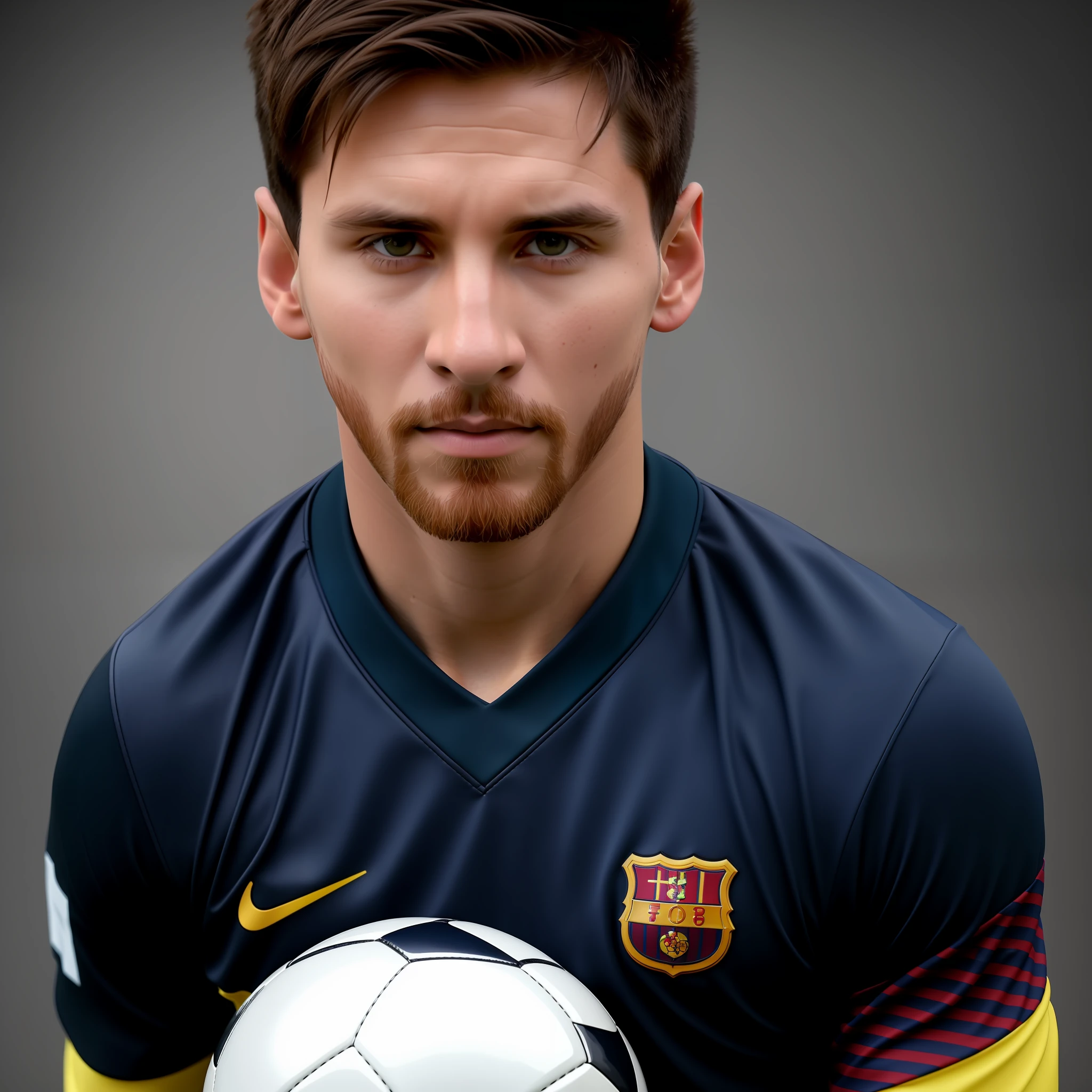 A football player messi original style, captivating look, captivating expression. The background should be neutral and simple, paying close attention to details like the highlights and shadows on your face and hair to create a realistic and realistic image. Try different lighting techniques to improve the mood and mood of your portraits. Highly detailed skin, skin detail, sharp focus, volumetric mist, 8k uhd, dslr, high quality, film grain, fujifilm xt3, (best quality: 1.4), (masterpiece: 1.4), (detail: 1.3)