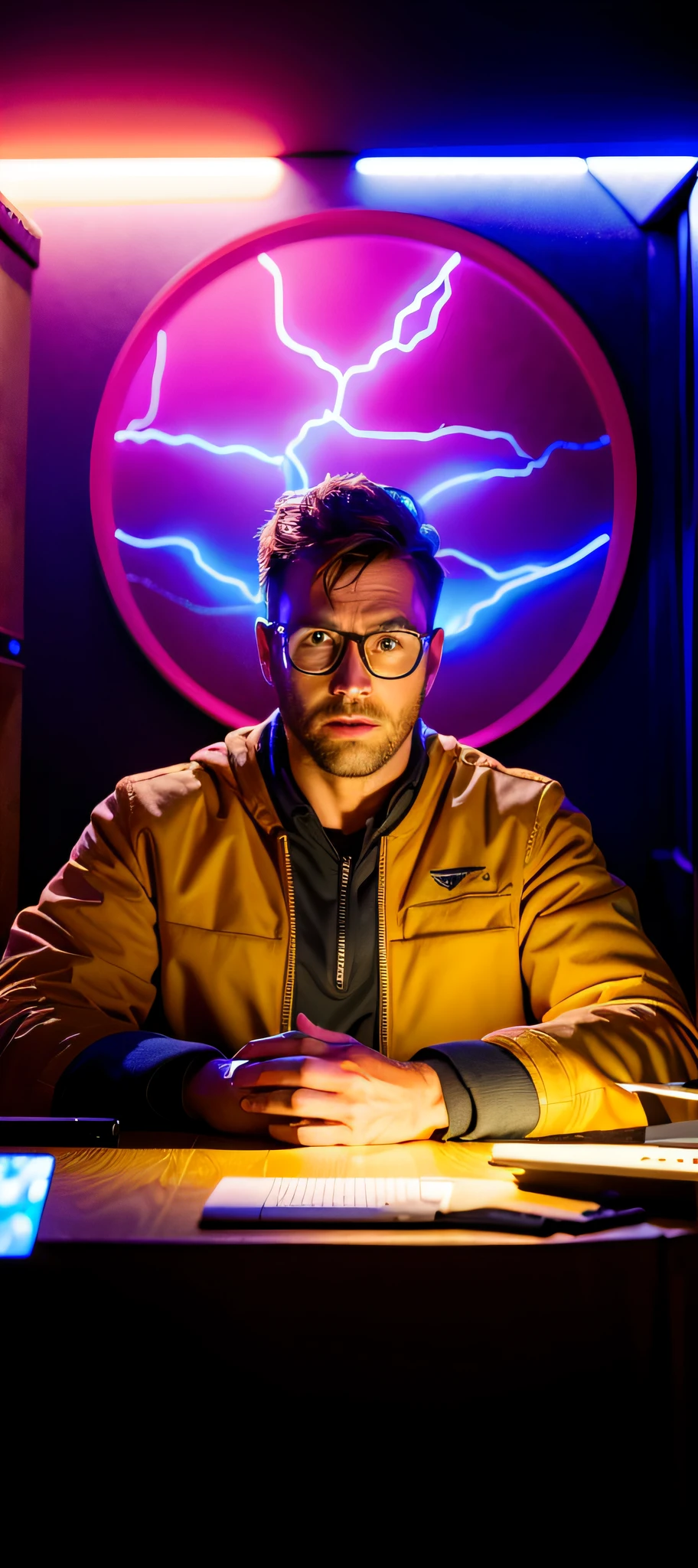 a man sitting at a table with a laptop computer in front of him, highly detailed vfx portrait, taron egerton as wolverine, highly detailed vfx portrait of, cyberpunk ads, no man's sky righteous auditor, wojtek fus, hyper realistic sci fi realistic, hyper - realistic vfx render, foxish guy in a lab coat, twitch streamer / gamer ludwig