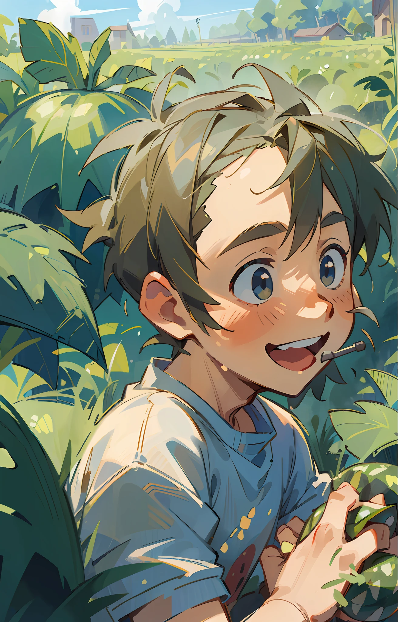(Masterpiece, best quality),  with kind old grandpa eating watermelon in the yard, smiling, fine facial features, full yard of plants, grass, countryside, clouds, sun, clean blue sky, two people talking happily, summer