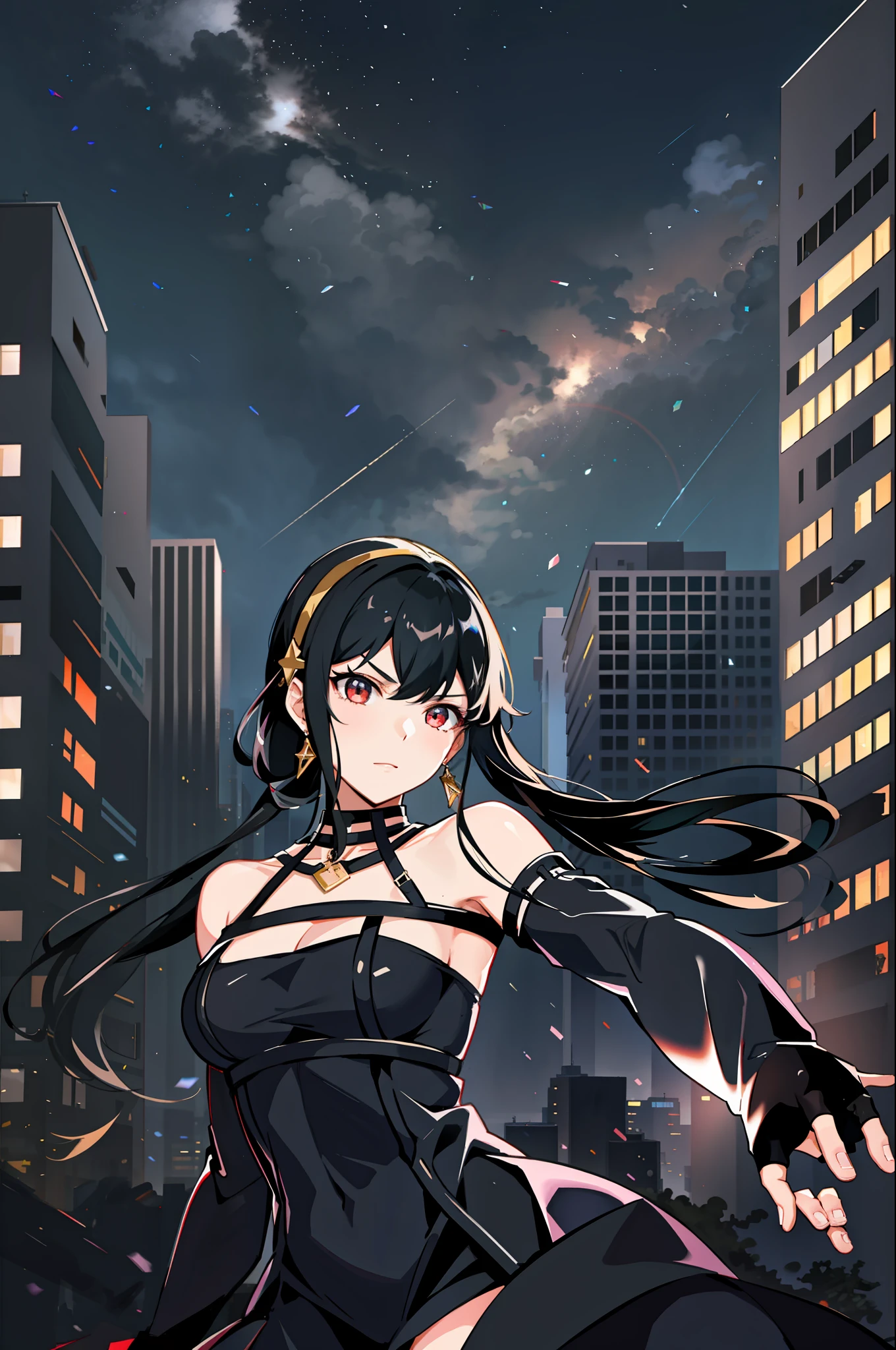 best quality, (black hair), 1girl, outdoors, dark, sky, (disdain), night, dynamic fighting pose, city, looking at viewer, corneo_yor_forger,