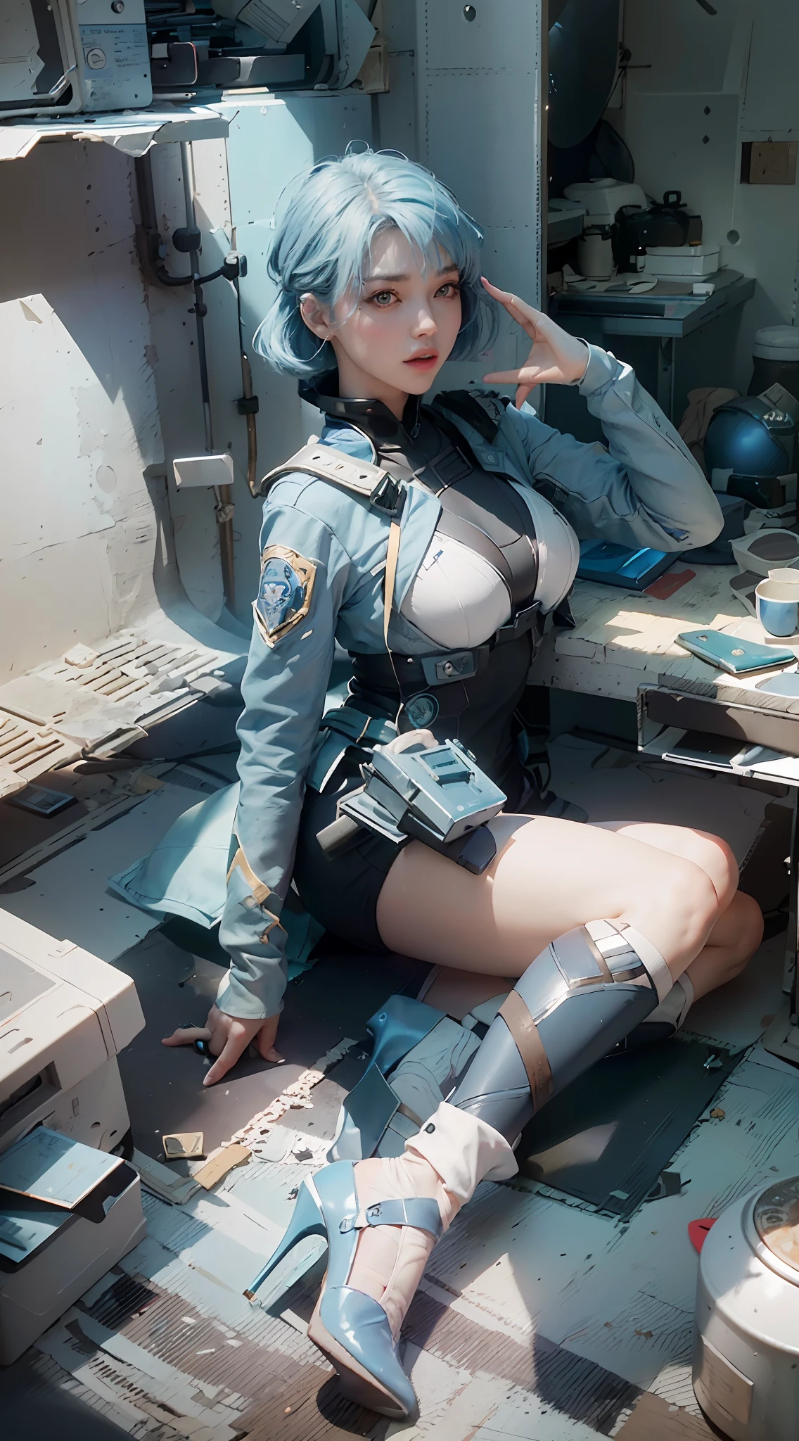 ((Best Quality)), ((Masterpiece)), (Details: 1.4), 3D, A Beautiful Futuristic Tech Beauty, (Police Uniform: 1.9), (Short Blue Hair: 1.7), (High Heels: 1.6) (Futuristic Tech City Background: 1.5), HDR (High Dynamic Range), Ray Tracing, NVIDIA RTX, Super-Resolution, Unreal 5, Subsurface Scattering, PBR Textures, Post-processing, Anisotropic filtering, depth of field, maximum sharpness and sharpness, multi-layer textures, albedo and specular mapping, surface shading, accurate simulation of light-material interactions, perfect proportions, Octane Render, bicolor light, large aperture, low ISO, white balance, rule of thirds, 8K RAW,