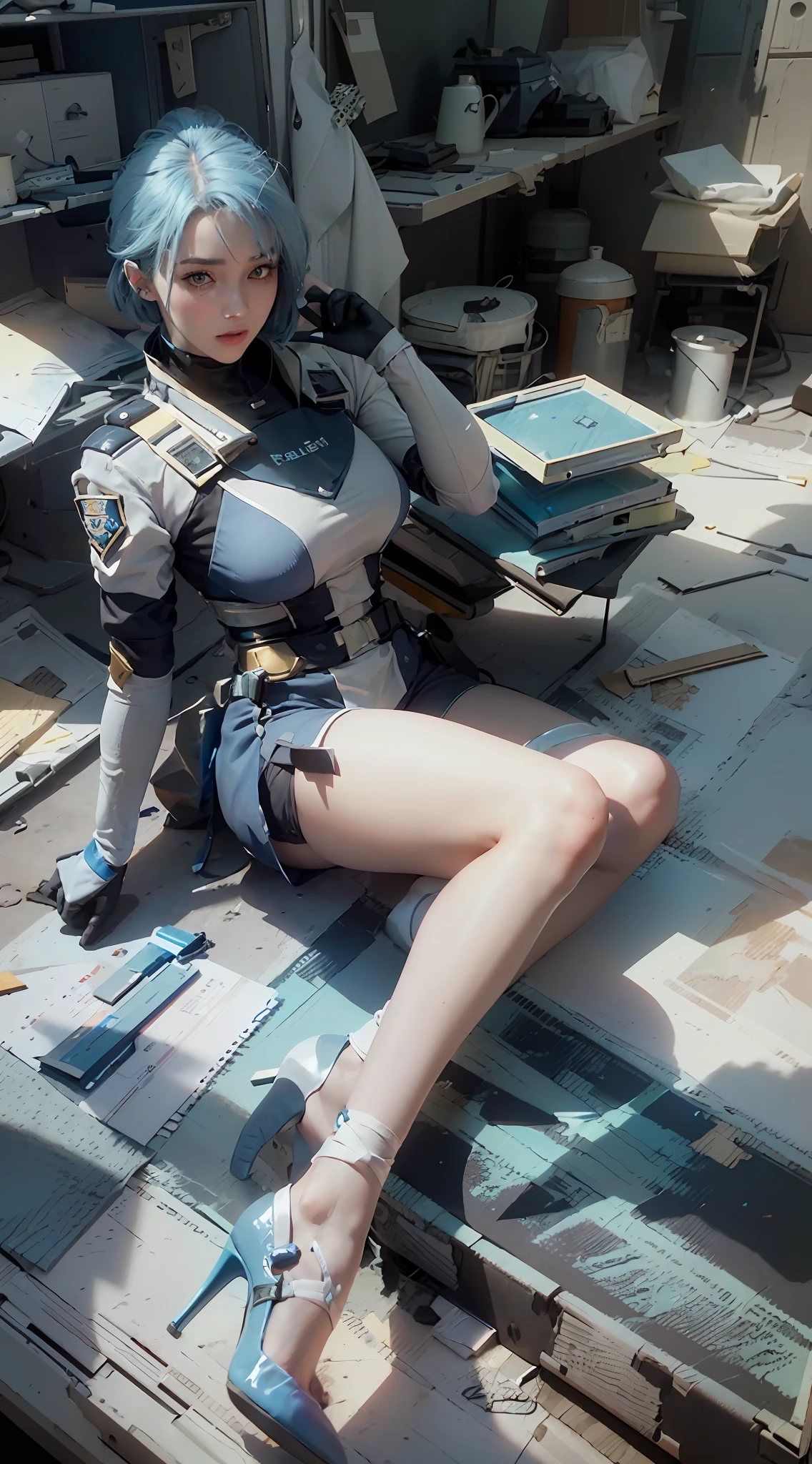 ((Best Quality)), ((Masterpiece)), (Details: 1.4), 3D, A Beautiful Futuristic Tech Beauty, (Police Uniform: 1.9), (Short Blue Hair: 1.7), (High Heels: 1.6) (Futuristic Tech City Background: 1.5), HDR (High Dynamic Range), Ray Tracing, NVIDIA RTX, Super-Resolution, Unreal 5, Subsurface Scattering, PBR Textures, Post-processing, Anisotropic filtering, depth of field, maximum sharpness and sharpness, multi-layer textures, albedo and specular mapping, surface shading, accurate simulation of light-material interactions, perfect proportions, Octane Render, bicolor light, large aperture, low ISO, white balance, rule of thirds, 8K RAW,