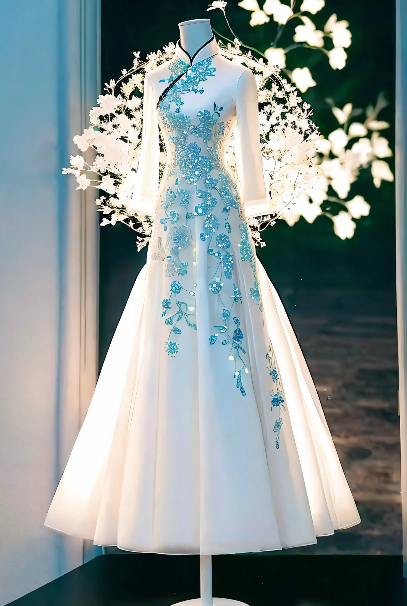 There is a dress on a mannequin stand with light, hanfu, translucent dress, royal dress, elegant dress, fantasy dress, elegant dress, magical dress, romantic dress, complex fantasy dress, complex white dress, dress, lady dress with glowing flowers, ethereal and dreamy, dream style, dress, cheongsam, embroidery, backlight