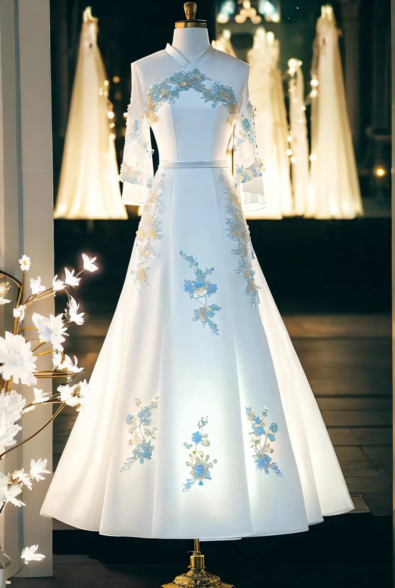 There is a dress on a mannequin stand with light, hanfu, translucent dress, royal dress, elegant dress, fantasy dress, elegant dress, magical dress, romantic dress, complex fantasy dress, complex white dress, dress, lady dress with glowing flowers, ethereal and dreamy, dream style, dress, cheongsam, embroidery, backlight