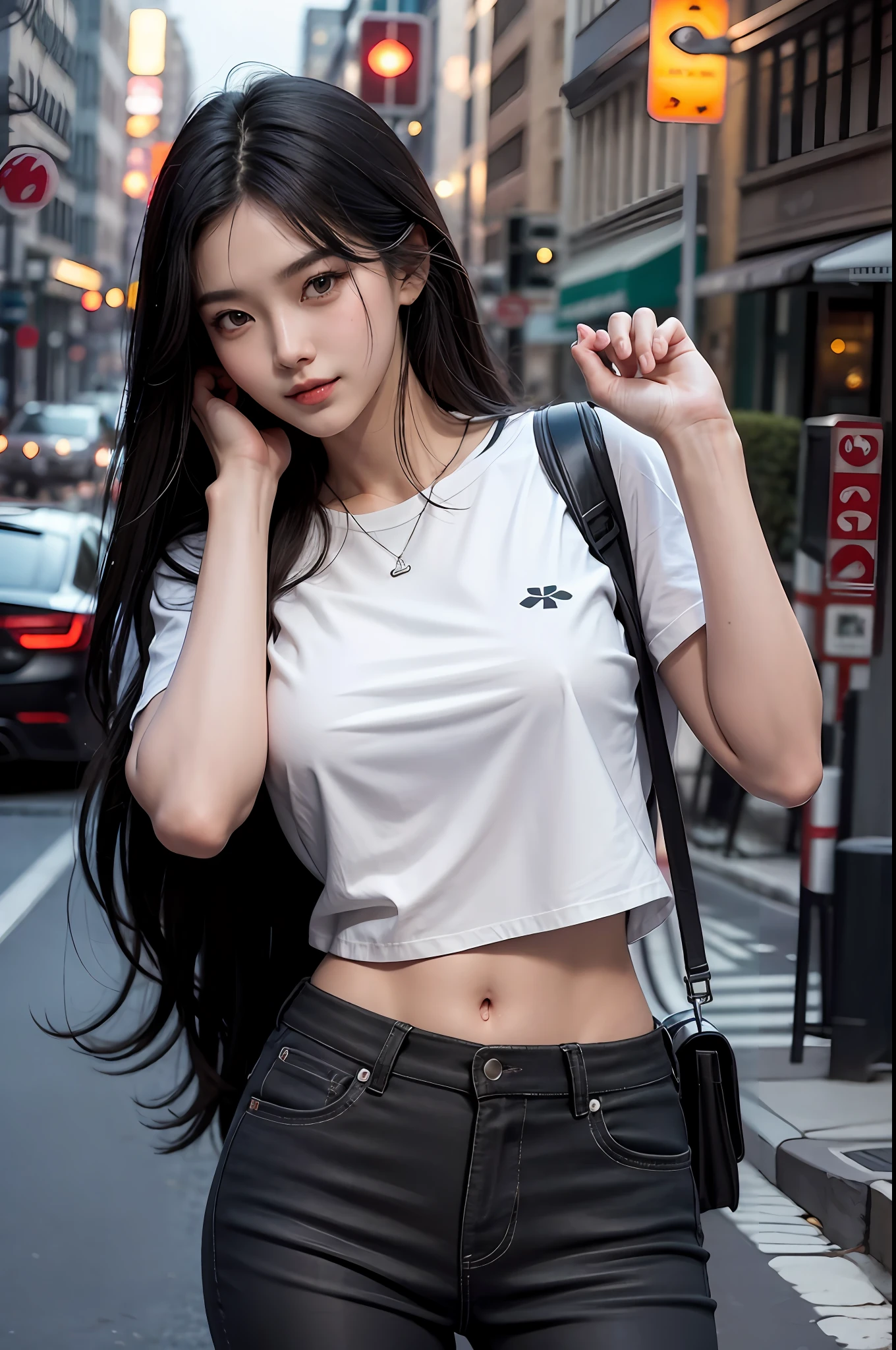 Standing on a street corner (((1 boy))) ((the whole body is visible)), he is a man. Far from the viewer. He is beautiful, sexy and young like Korean idol Hyunjin. He is slender, tall and has good style. He has center-parted black hair with shiny smooth hair. He's grinning. He's looking straight at us. He wears a long black T-shirt and black skinny pants. Camera focused on her face, face light, very large aperture, ((f / 1.2)), shallow depth of field, strong background lens blur, ISO 3000, auto white balance, highly detailed professional lighting, soft light, raw photos, UNIQLO fashion models, top quality, masterpieces, award-winning photos, huge file size, 8K, high resolution, Shot with Sony DSLR