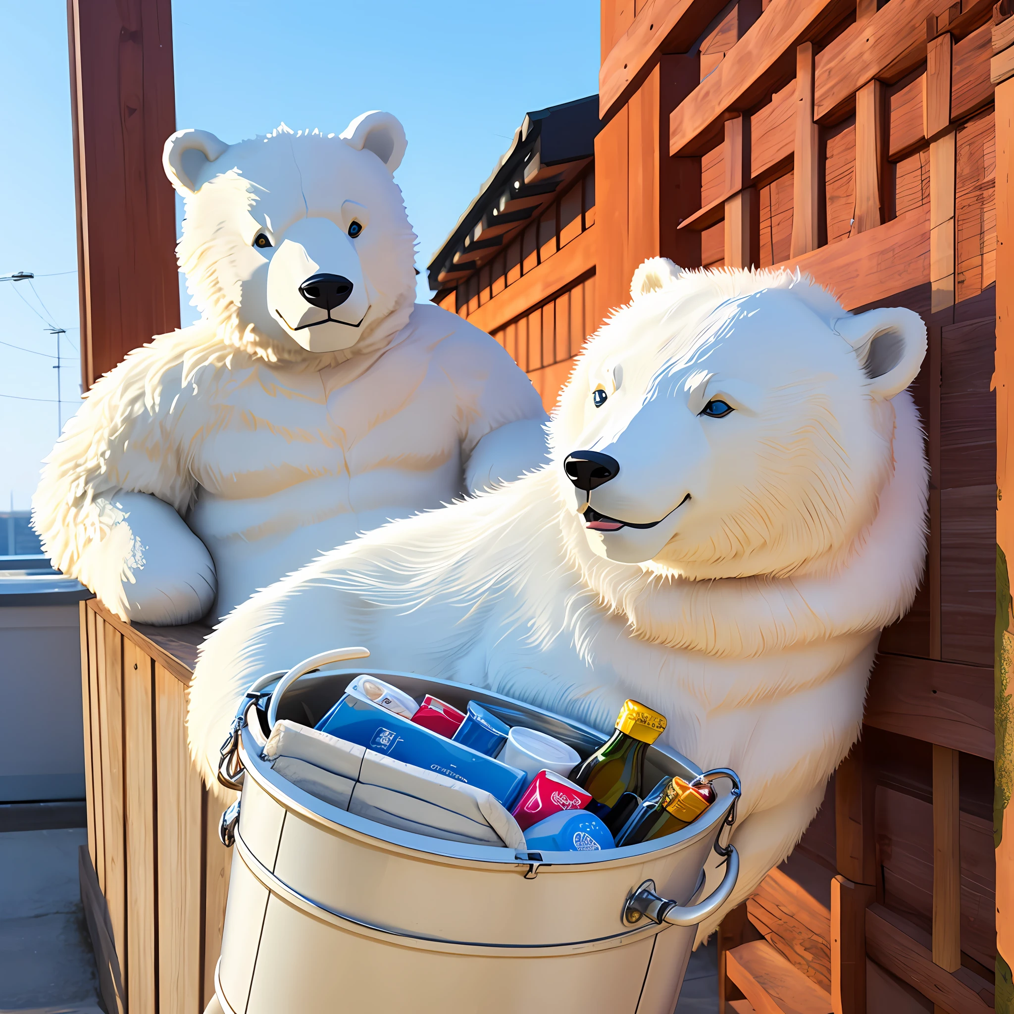 The white bear carries a bucket