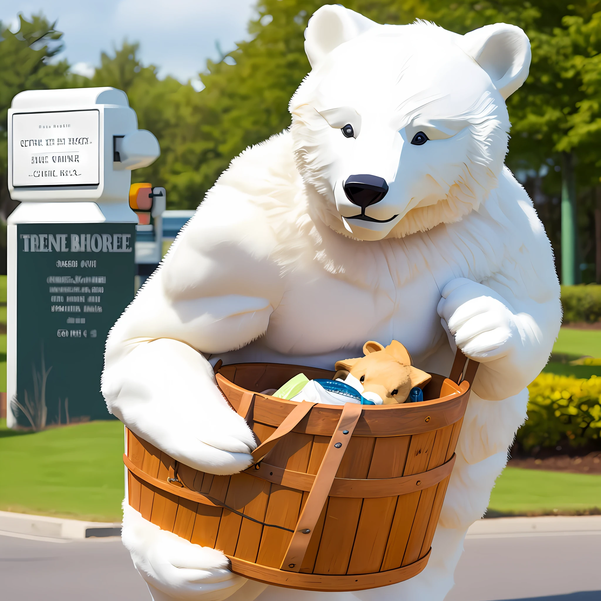 The white bear carries a bucket