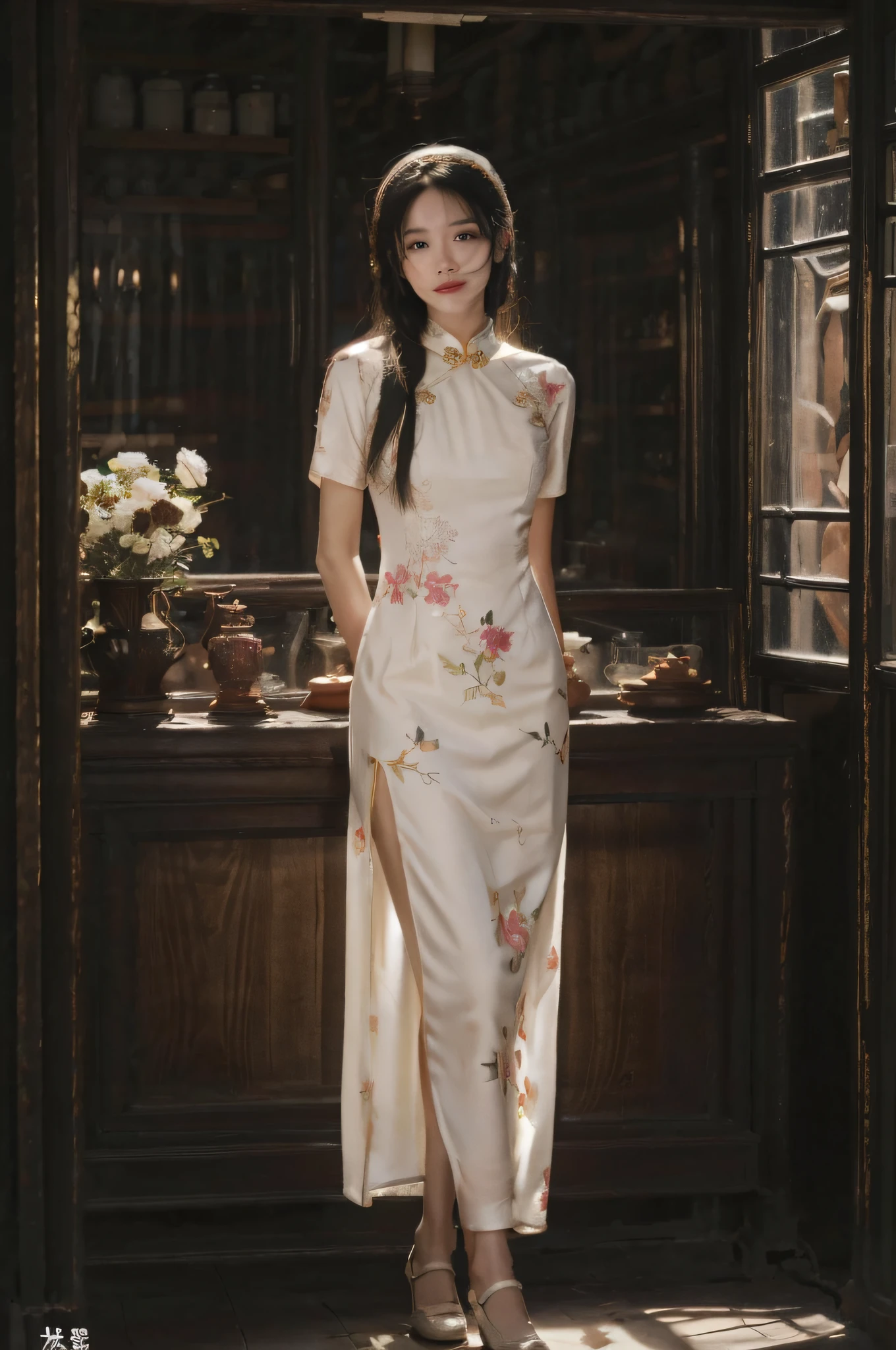 Araved woman in white dress standing at the door, cheongsam, Chinese costume, Chinese traditional clothing, Chinese style, white Hanfu, with ancient Chinese clothing, Chinese Traditional, inspired by Dai Xi, Hanfu, silk dress, inspired by Guo Xi, wearing gorgeous silk clothes, Chinese clothing, inspired by Qiu Ying, Ao Dai, (hairstyle casual, not leaking big breasts: 1.2)