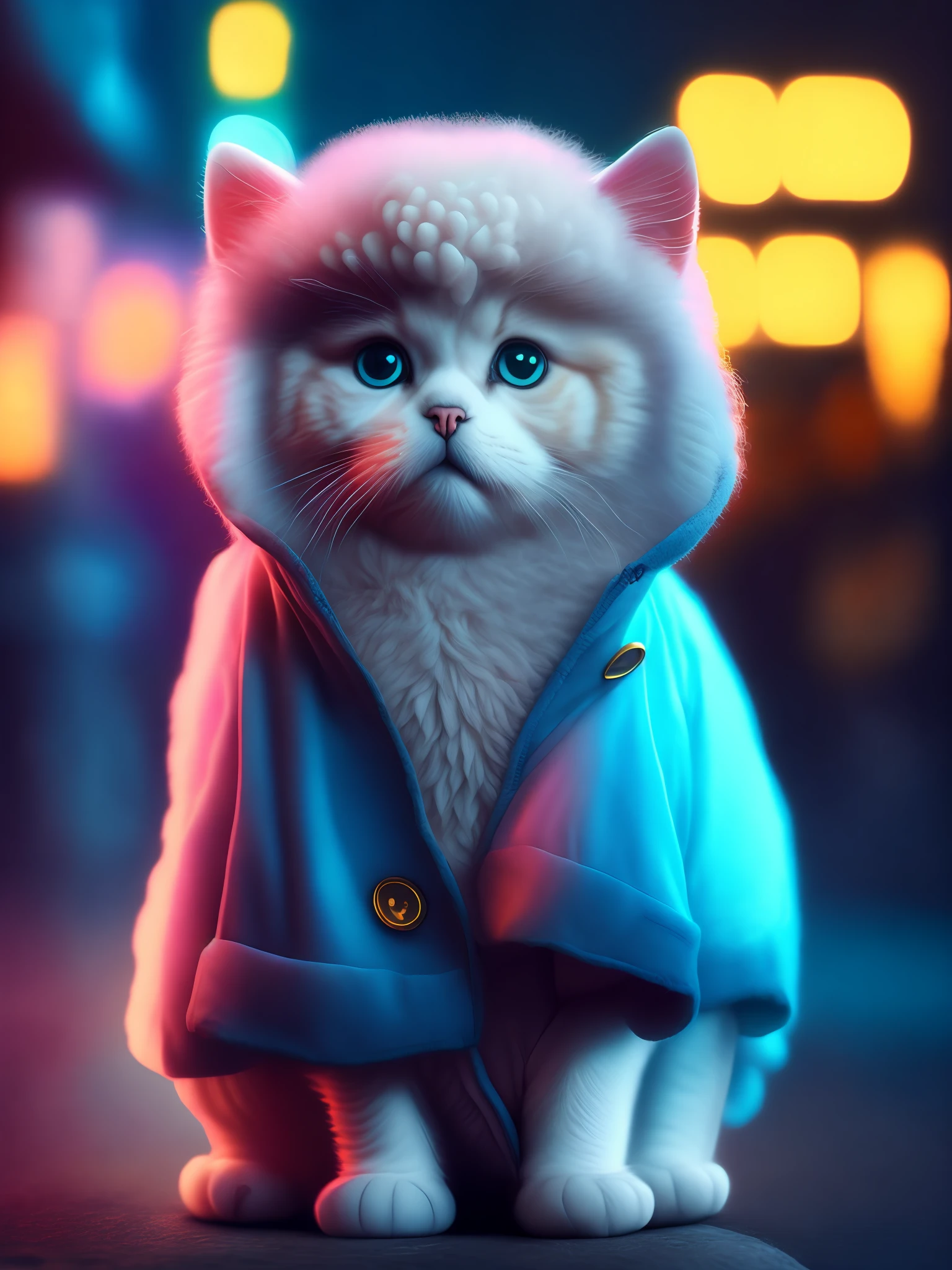 Portrait, cute cat puppy wearing sheep clothes, low light, grumpy, in a city at night neon 8k