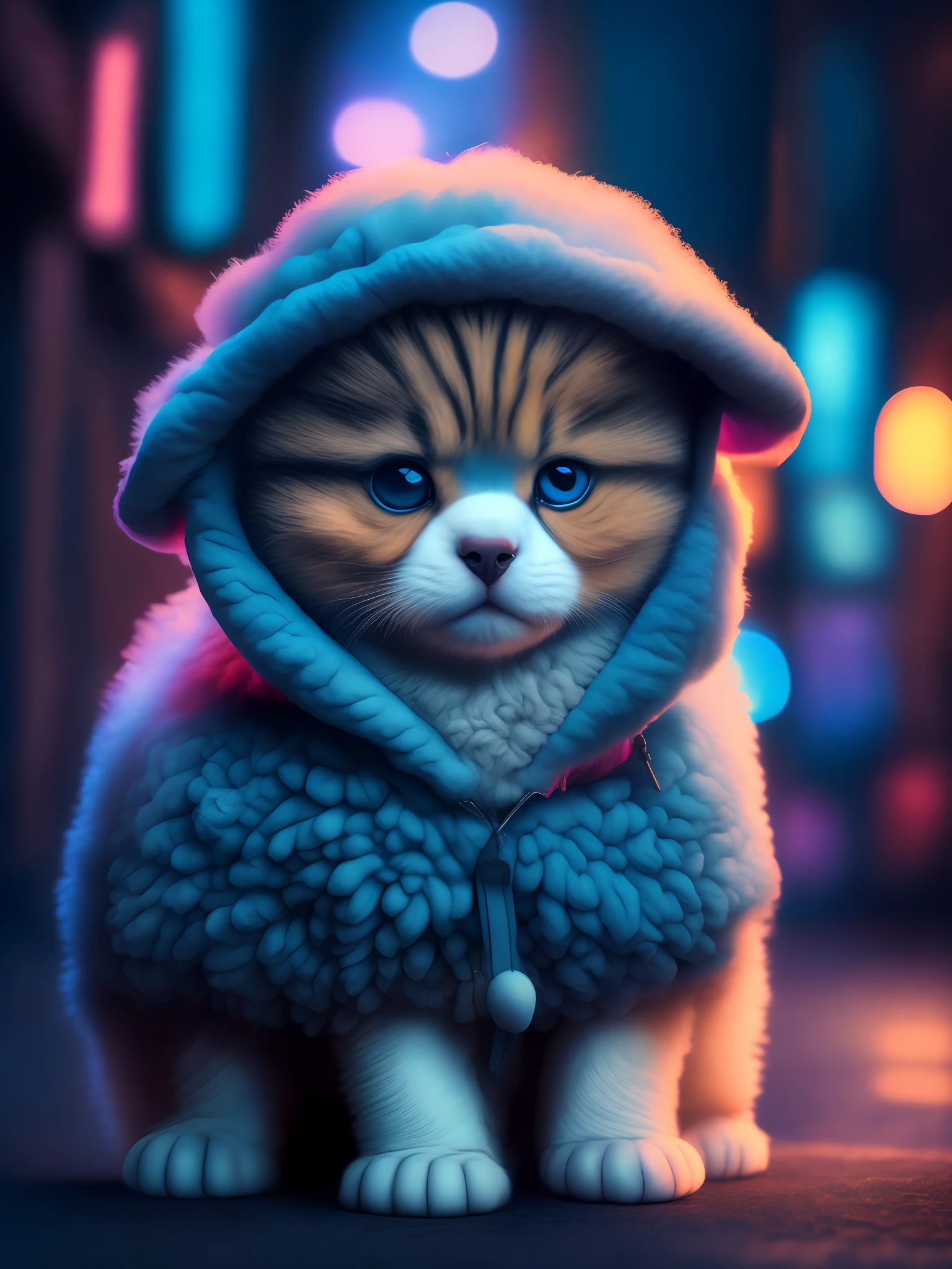 Portrait, cute cat puppy wearing sheep clothes, low light, grumpy, in a city at night neon 8k