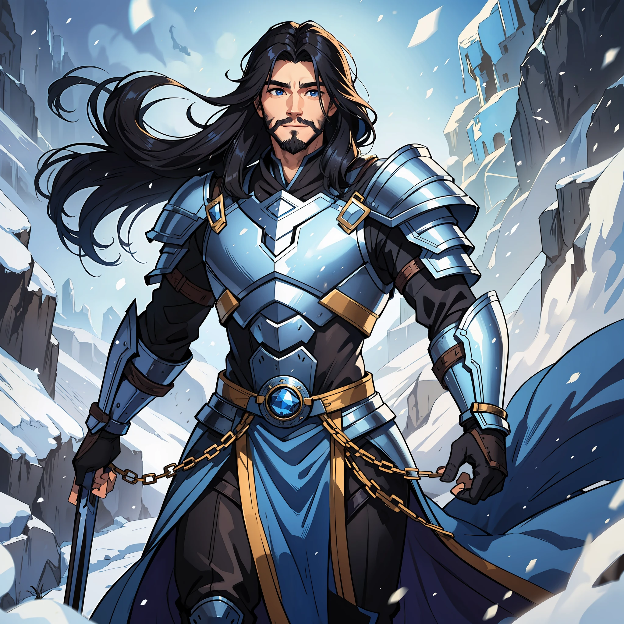 a manly man a young warrior in his powerful armor with traces of blue and metal and a sweet smile on his face this man has long voluminous and silky black hair and a short beard, this man is young and has white skin, he is a beautiful young warrior with the perfect face, gentle smile,  sweet look and snow-white skin, smile, gorgeous, perfect hair, long hair, voluminous hair