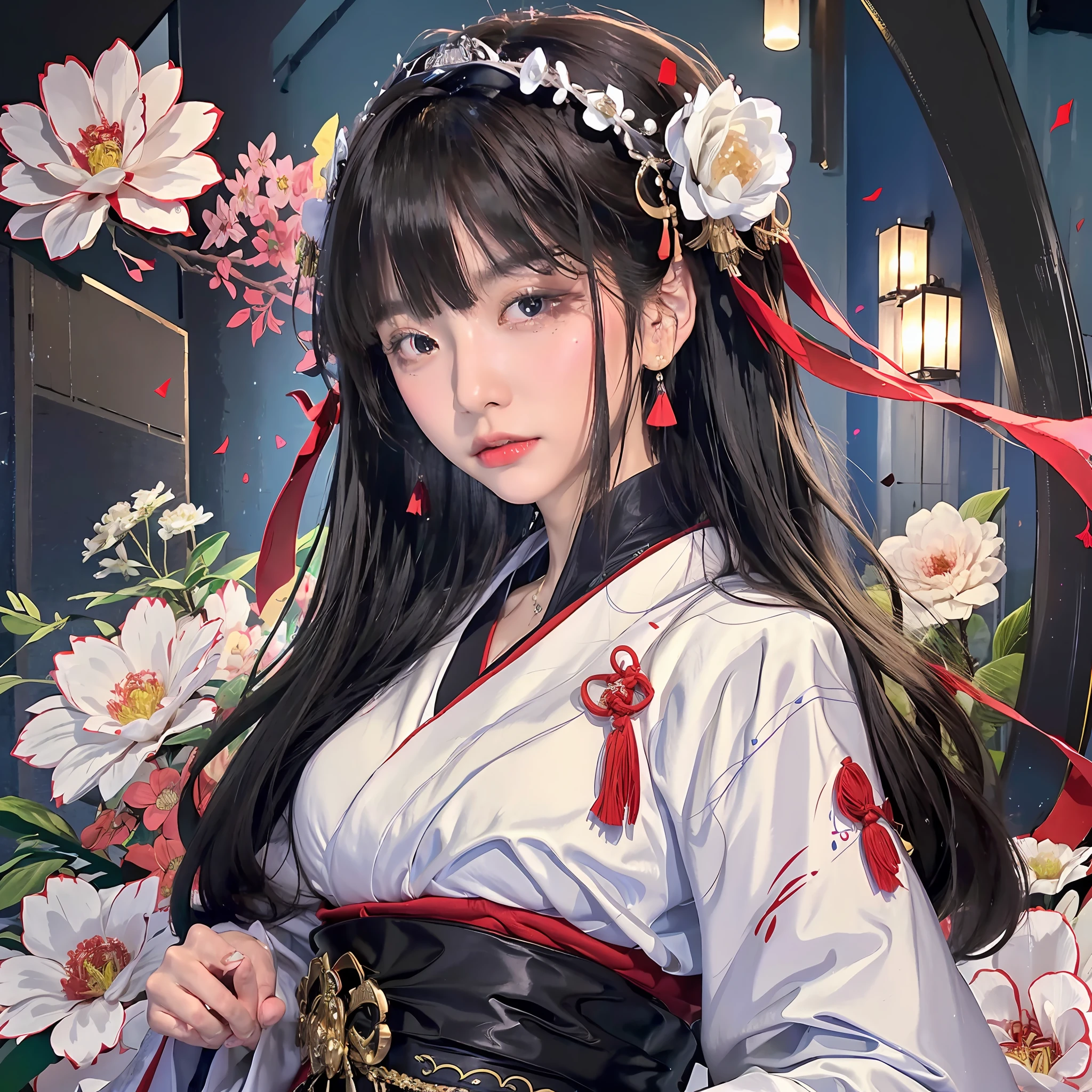 ((Best Quality, 8k, Masterpiece: 1.3)) Live-action, realistic, arafe asian woman with long black hair and white dress, princess cut, white princess cut hairstyle, kimono, black princess cut hair, geisha hairstyle, japanese style, harumi, , Japan model, beautiful Japan girl face, goddess of Japan --auto --s2