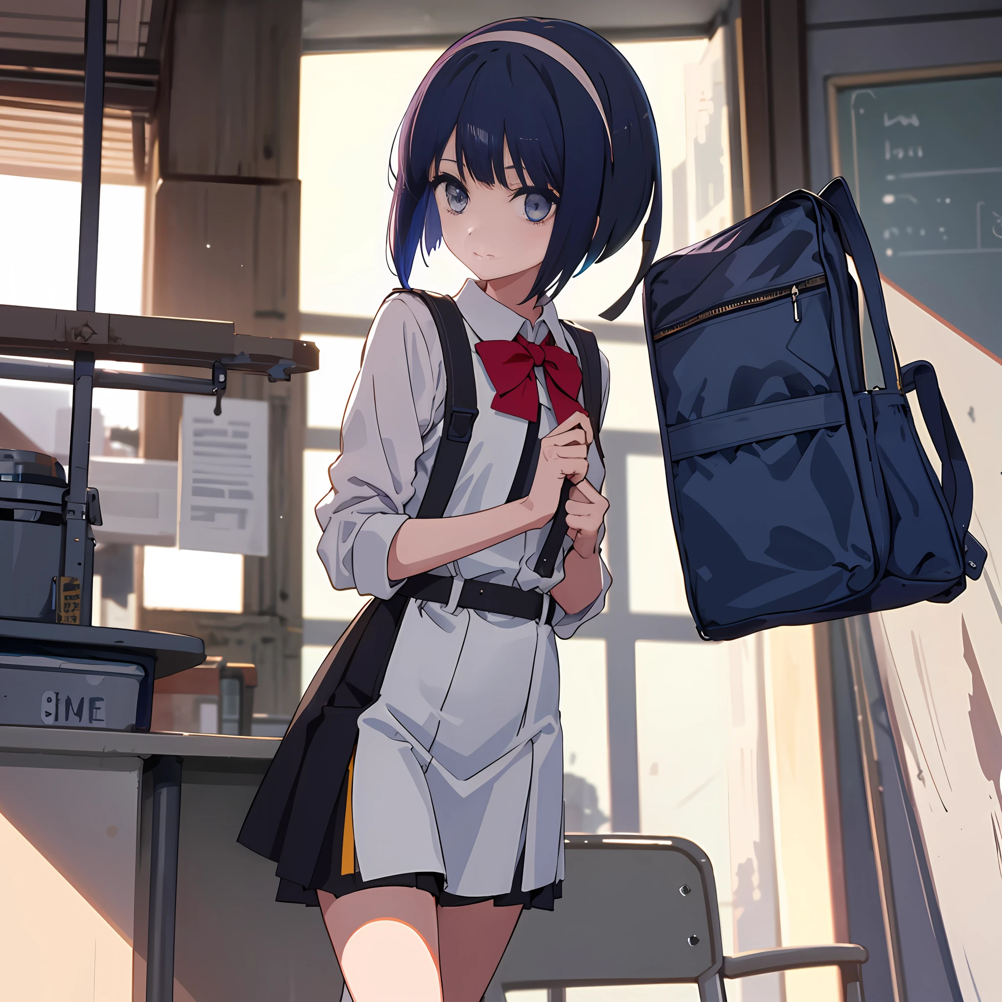 1 girl, uniform, in the classroom, girder belt, light blue hair, black hair band (inside the hair), ashime bob, short hair, walking, beautiful eyes, detailed fabric texture, holding a backpack, light eyes, side hair (long)