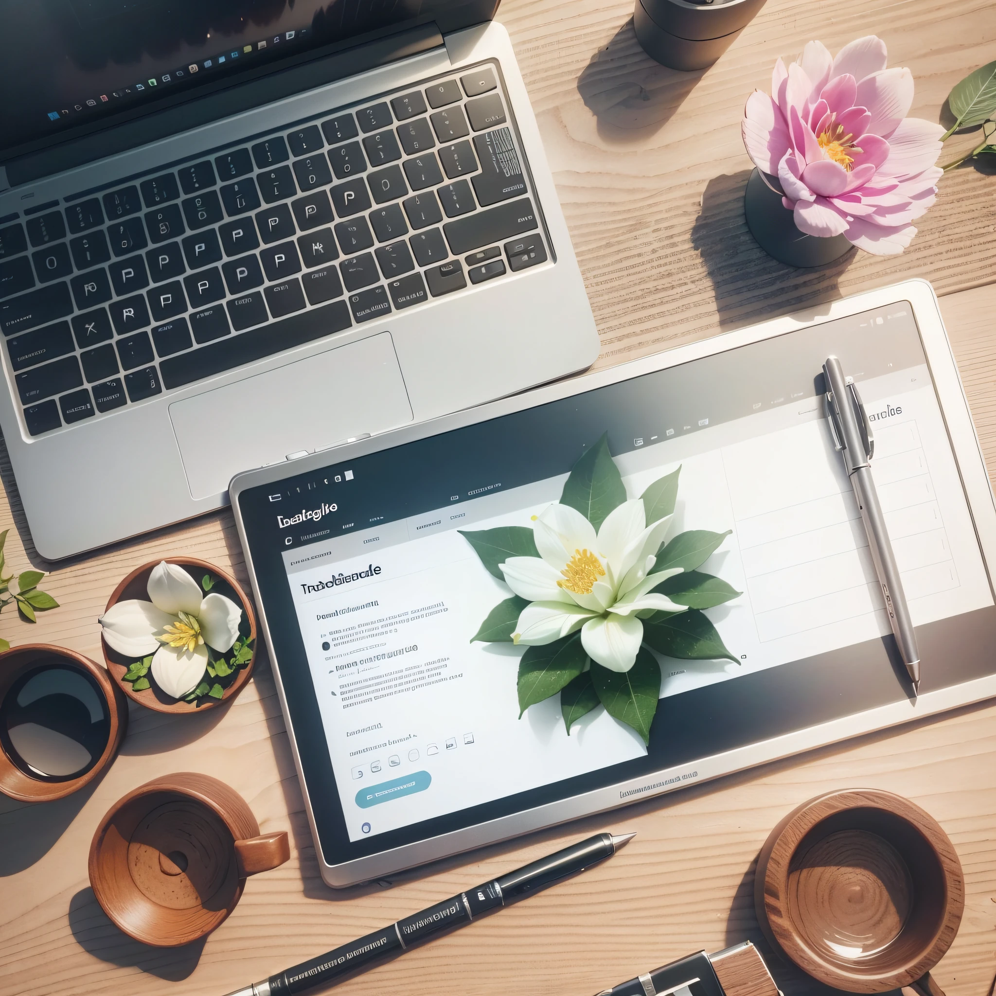 Create an image of a laptop by accessing a graphic design instagram profile, on top of a desk, with a calculator, with a business notebook next to it, with a delicate and clear flower. --auto --s2