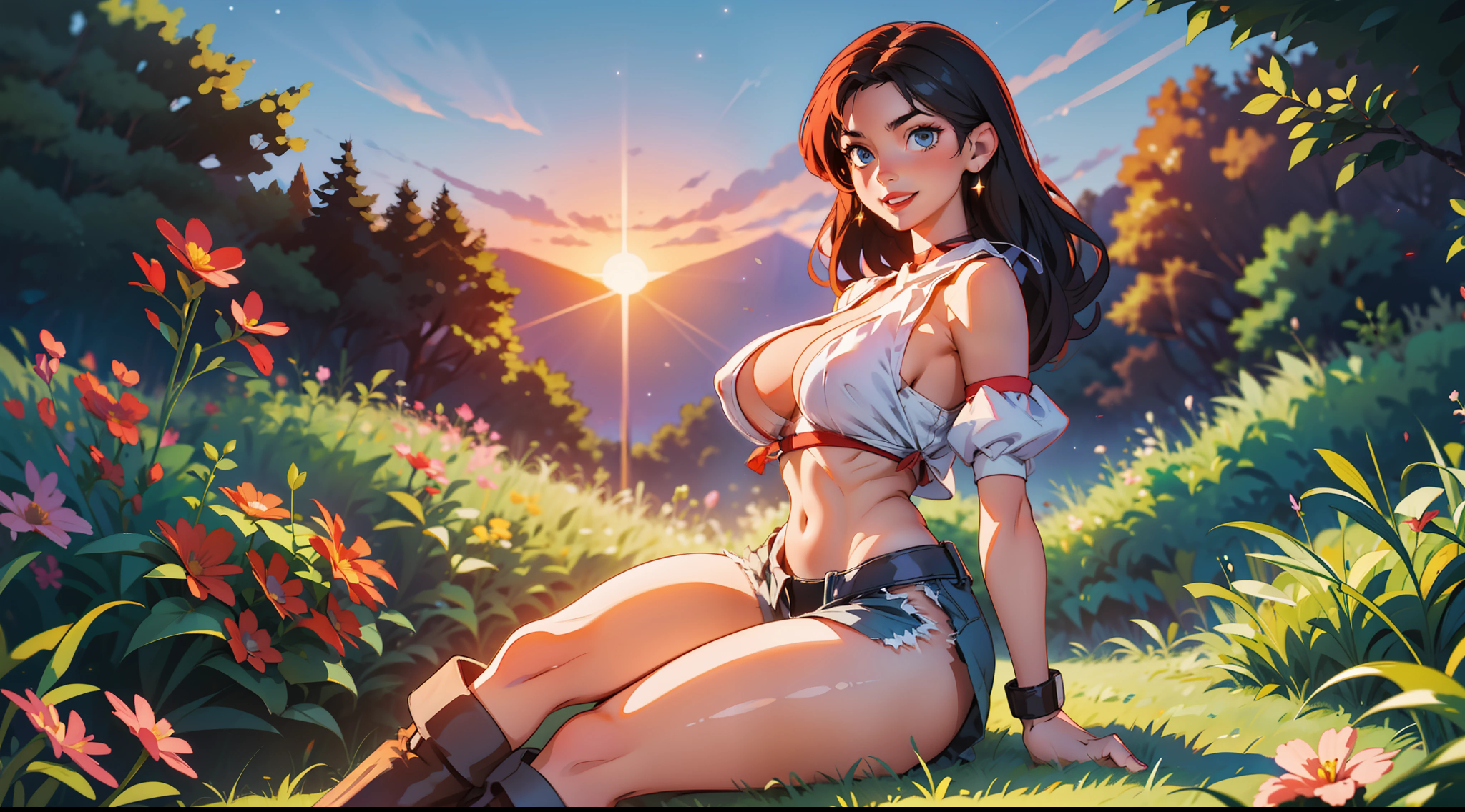 realistic, masterpiece, ray tracing, black hair, tight shorts, crop top, bra, tight clothing, sleeveless, no teeth, smile, huge breasts, nipple, nipple visible through bra, cleavage, red lipstick, blue eyes, wide hips, thick thighs, legs, boots, muscles, abs, pretty face, on top of hill, grass, flowers, trees, sitting down, watching sunset, stars, night sky, moon, clouds