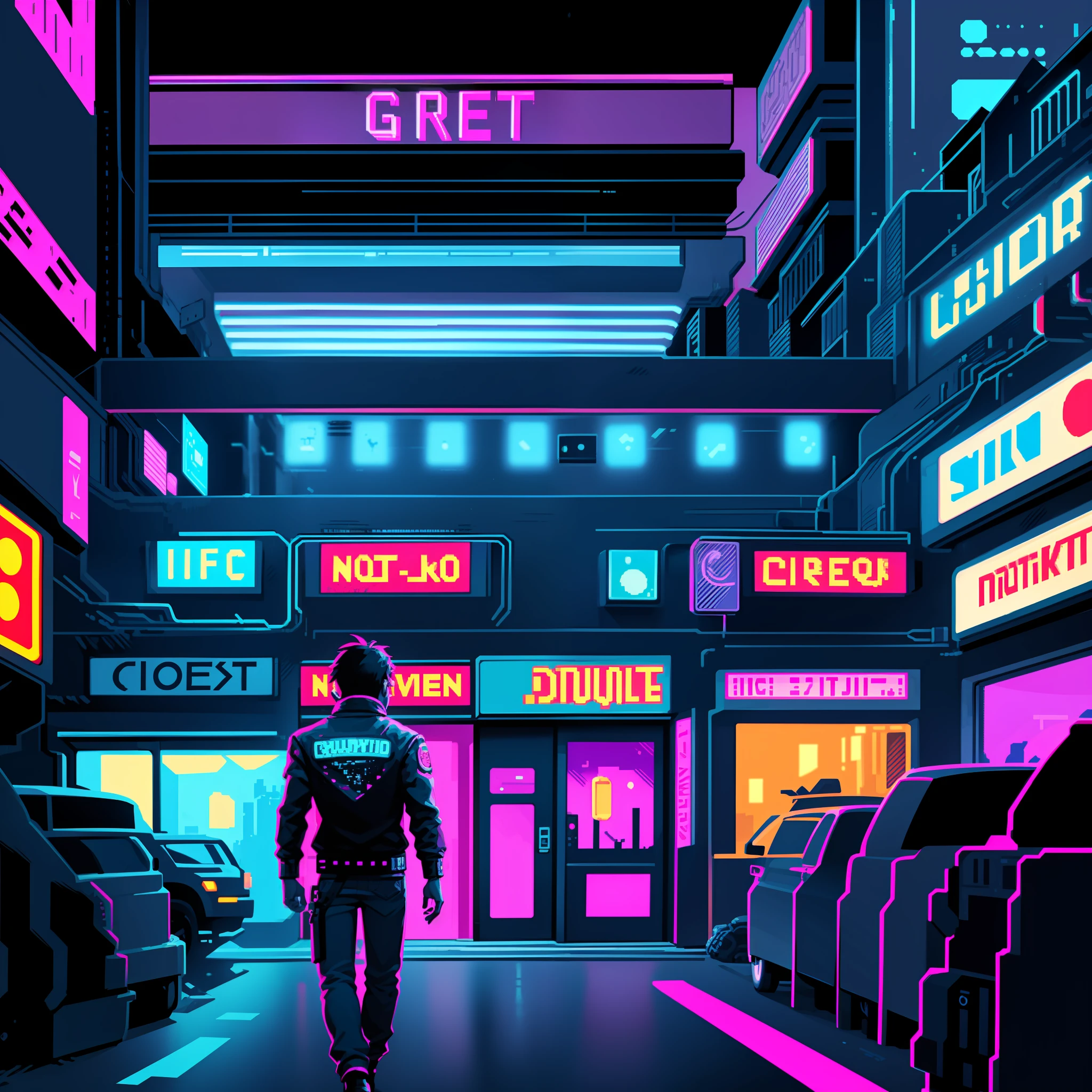 night scene of a city street, lo-fi retro video game, cyberpunk pixel art, lo-fi illustration style, retrowave noir, cyberpunk streets at night