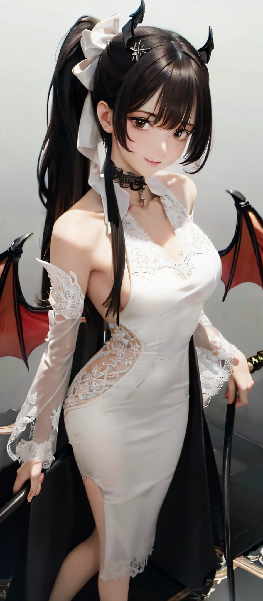 [monochrome:muted color:0.6] theme, (masterpiece), (best quality), (detailed), light layer, lustrous skin, (intricate detailed , taut clothes, , demon wings,hair ornament :1.2), from above, black hair, black choker, long hair, hime cut, blunt bangs, sidelocks, red eyes, holding quarterstaff,holding scythe,holding sword, (mature female:1.1), [uncensored, NSFW,, (lactation), side-ponytails BREAK (simple background:1.1),