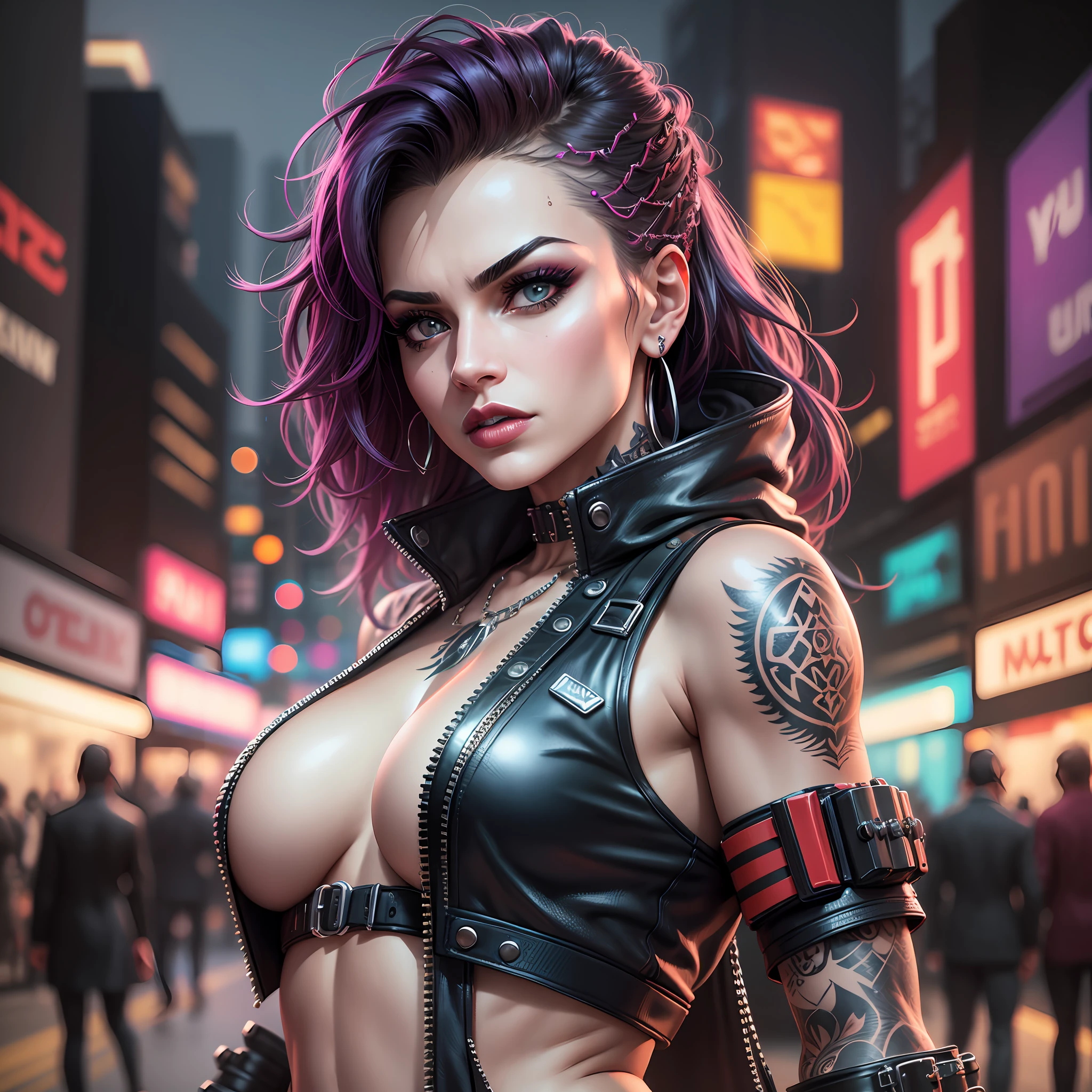 Persian punky gang leader, gorgeous middle-aged woman, elegant, punky style, overcast expression, street fashion, tactical gear, torso tattoos , feminine form , smooth skin ,matte red lipstick, flawless makeup, engaging gaze, dramatic lighting, biomechanical textures, cyberpunk city, neon lights, ultra-realistic, gang member sign, full pose, perfect proportions, dynamic perspective, high-resolution, photorealistic rendering, nighttime Urban landscape backdrop, extraordinary shot, intricate details, striking visual impact, admiration-eliciting, created with Cinema 4D and Octane Render, vibrant colors --auto --s2