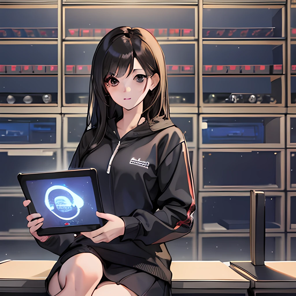 (((1 girl))), ray tracing, [detailed background], (black hair), sitting in front of a computer