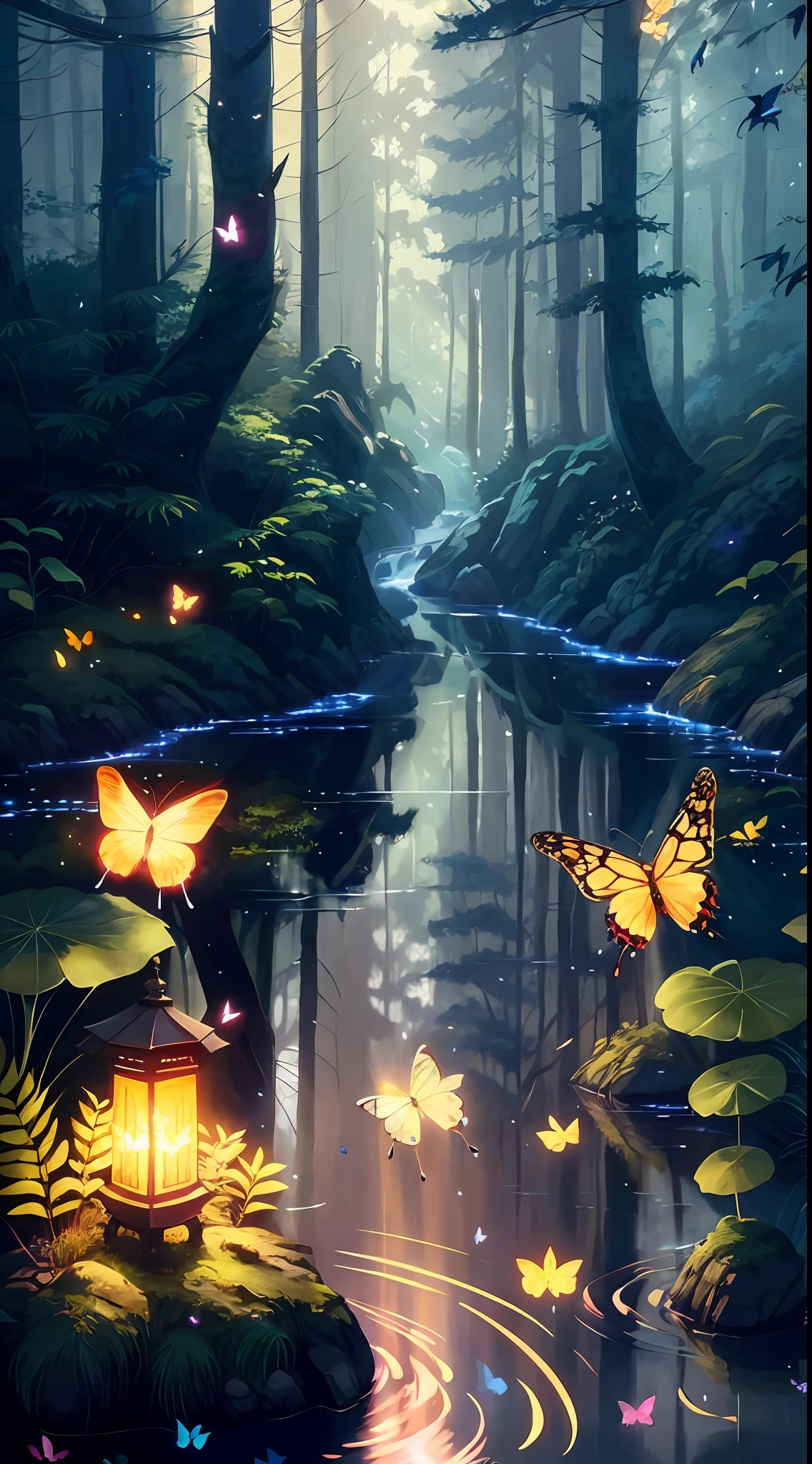a painting of a stream in the woods with butterflies flying around, beautiful digital artwork, makoto shinkai cyril rolando, magical environment, glowing butterflies, very beautiful digital art, anime nature, 4k detailed digital art, inspired by Cyril Rolando, anime nature wallpap, beautiful digital art, magical forest with fireflies, by Yang J, a beautiful artwork illustration