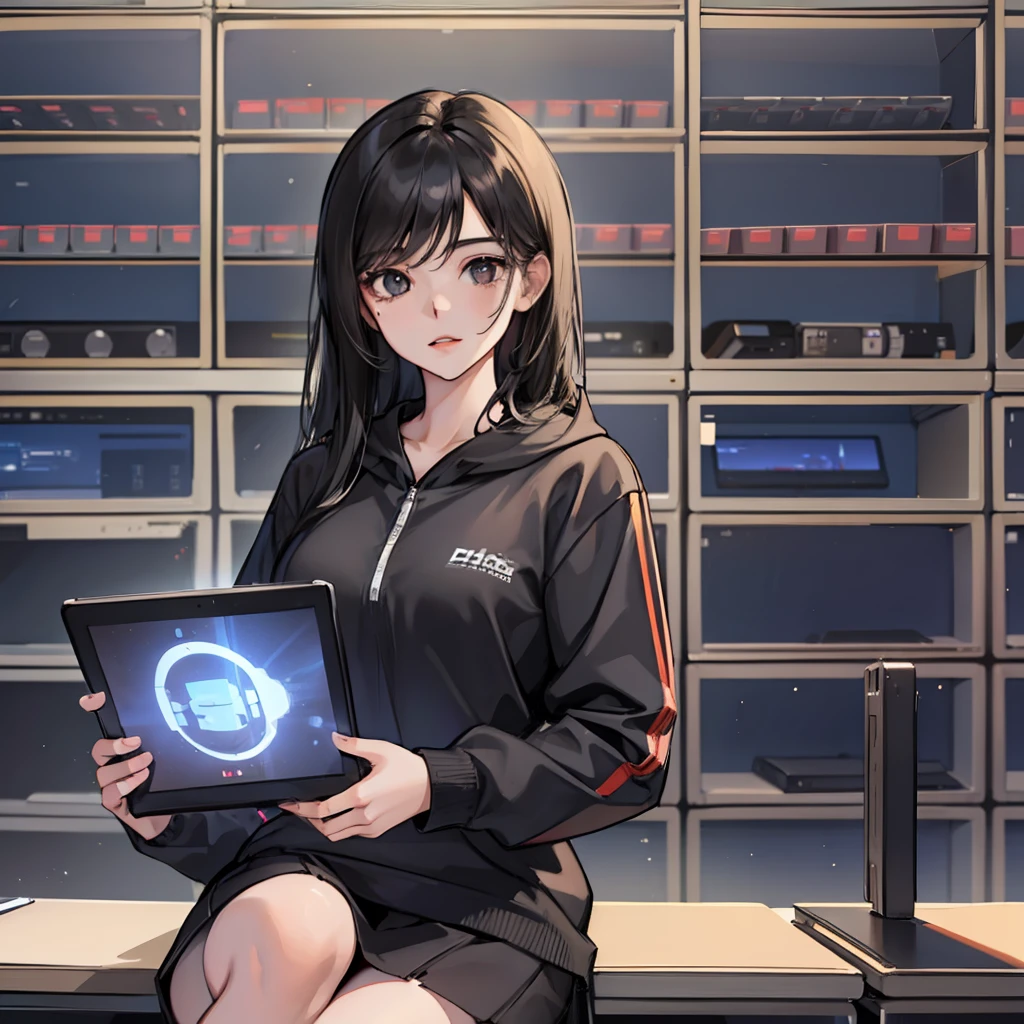 (((1 girl))), ray tracing, [detailed background], (black hair), sitting in front of a computer