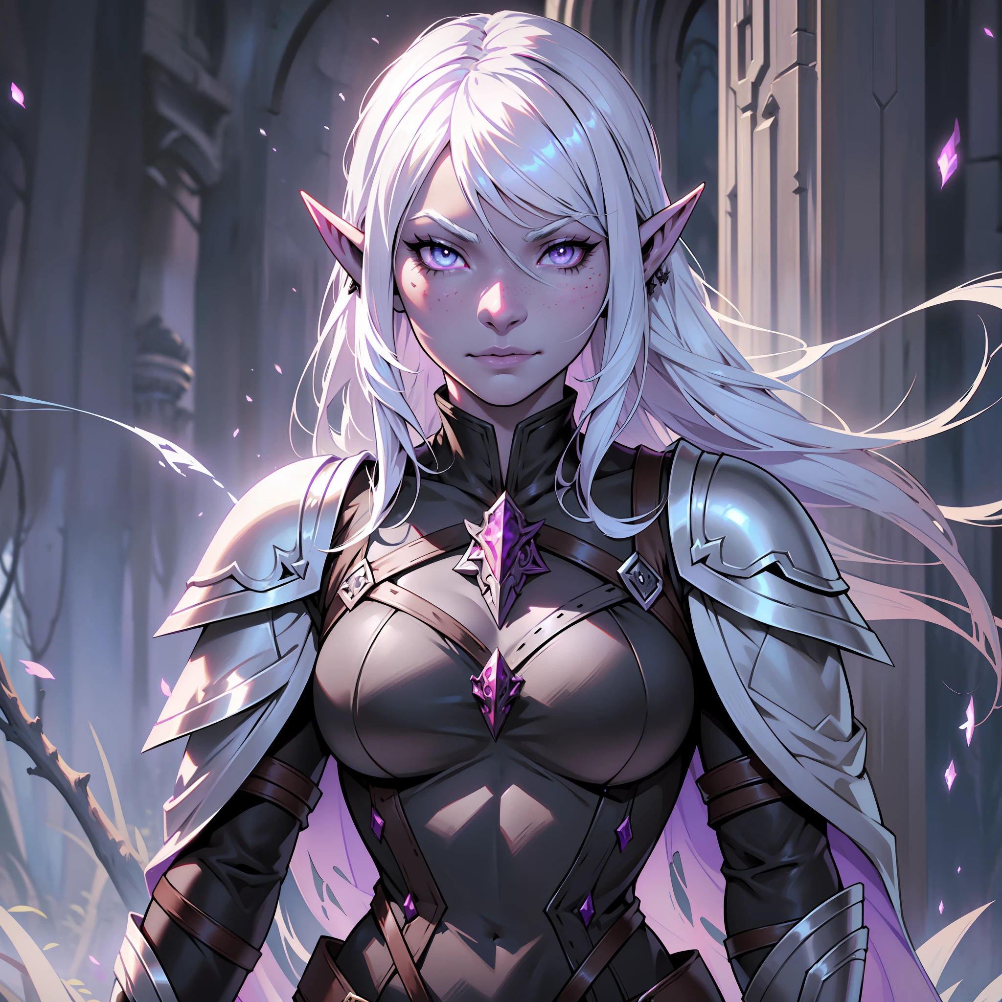 (extremely detailed 8k wallpaper:1.2), (best quality:1.2), (adventure and fantasy theme), profile (Paizo Pathfinder RPG character and Dungeons & Dragons), (((black elf race woman))), (((drow))), young, beautiful, sexy, sharp focus, (subsurface scattering:1.1), award-winning photography, ((Warrior Class:1.3)), ((half-body shot:1.1)), centered face, very long white hair, freckles on the face, white skin,  pale skin, bright lilac eyes:1.2, mischievous expression, villainous, evil, wearing white leather armor, short sword in hand, (standing inside black forest:1.3), (very detailed background:1.2),dramatic lighting, sfw