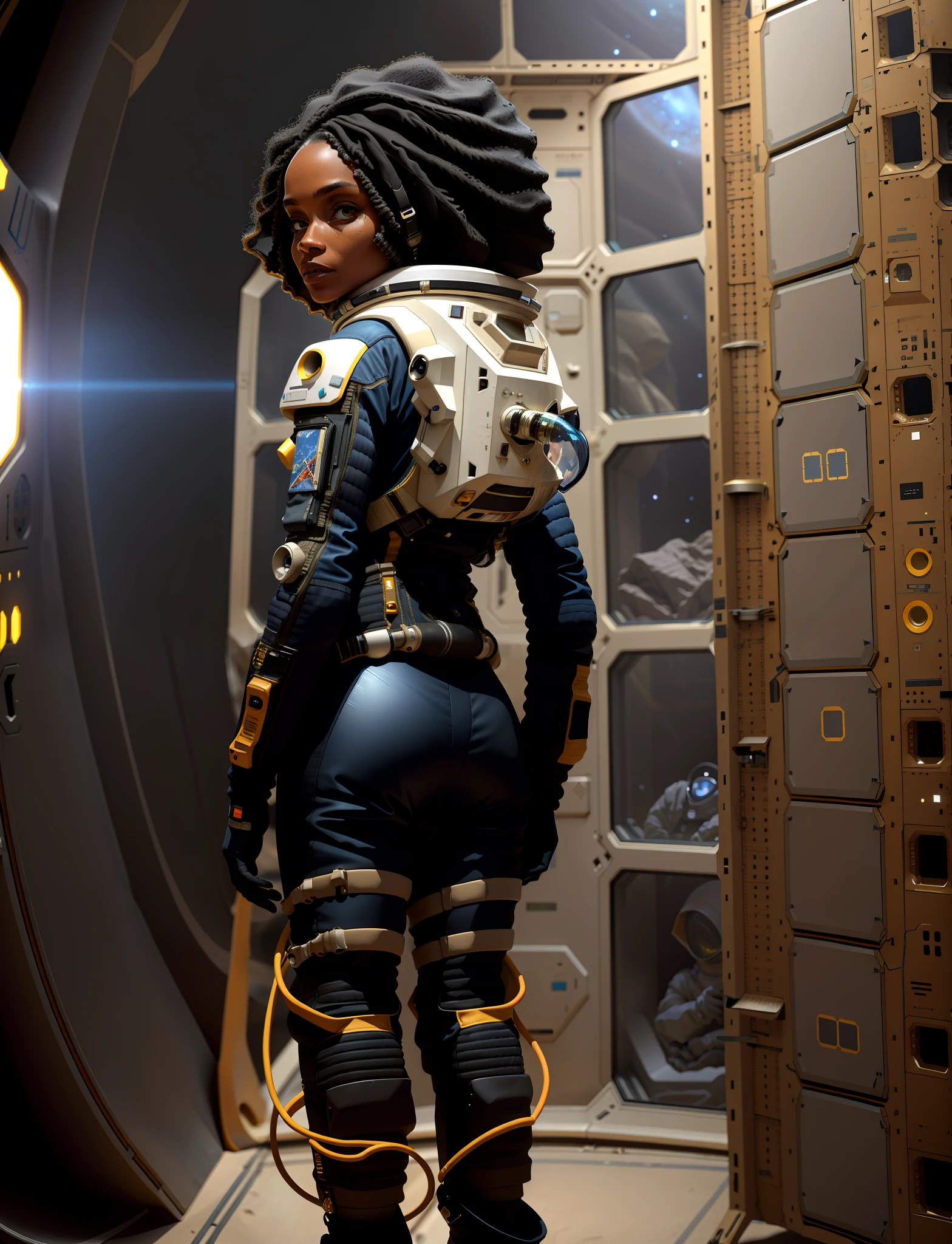 There is a woman in a space suit standing in the desert of an alien planet, interstellar spacesuit, with a space suit, science fiction space suit, dusty spacesuit, futuristic spacesuit, beautiful woman in space suit, in space suit, modern space suit, space suit, wears a space suit, wearing a space suit, Zoe Kravitz futuristic astronaut, space suit