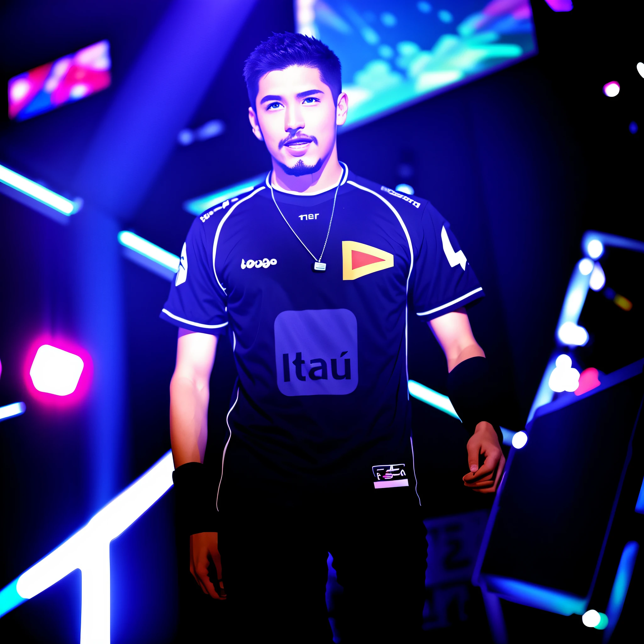 anime style, is walking on stage with a microphone and a microphone, esports, loud