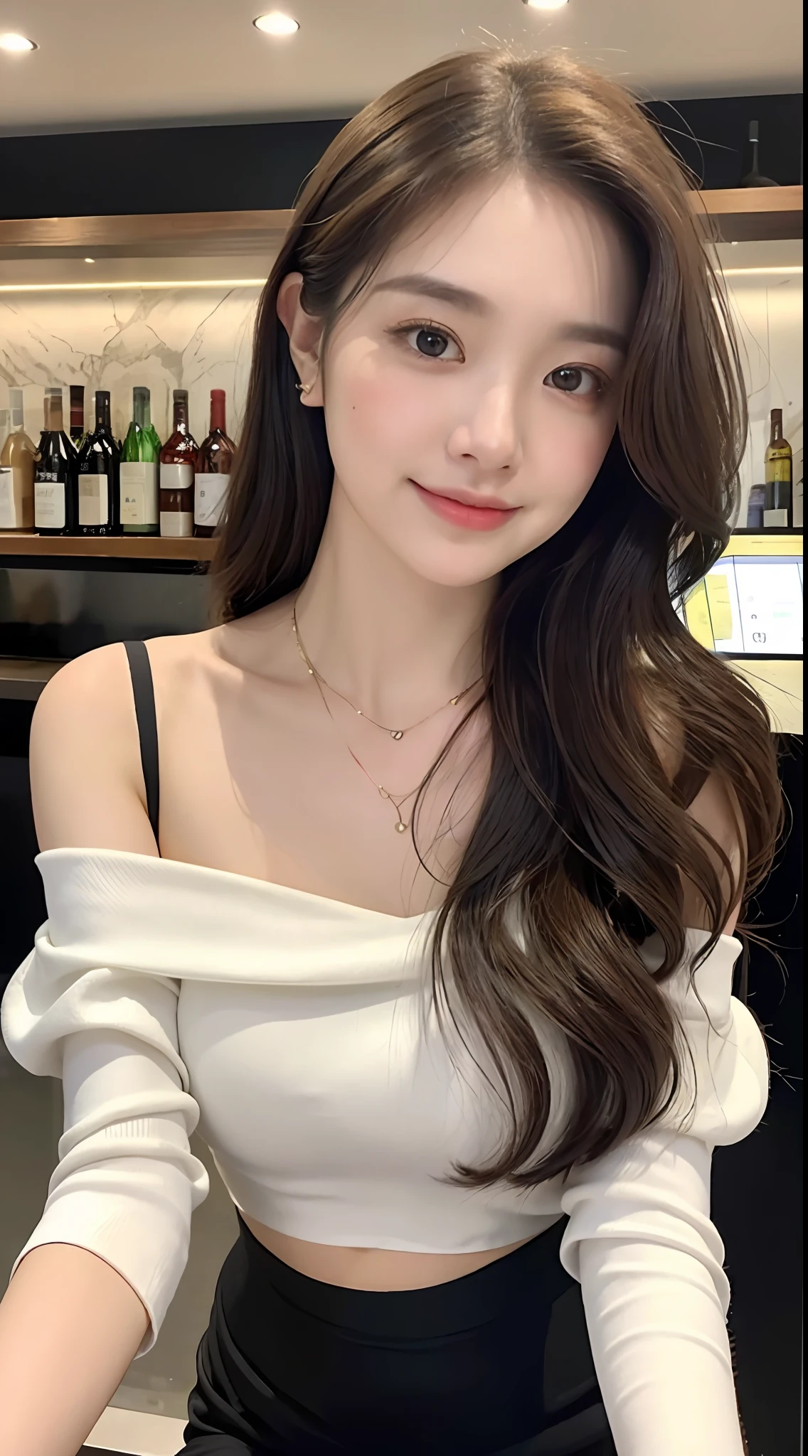 A superb exquisite real beautiful girl, golden long curly hair, extremely exquisite facial features, peerless beautiful girl, collarbone off-the-shoulder, white crop top shirt, black JK skirt, exposed legs, sweet smile, soft, dreamy quality, light white and dark brown, exaggerated facial features, solid color, frank off-white, surreal, blue gemstone necklace, ultra-clear, beautiful young girl, cute and lively, super short leggings, background at the bar counter