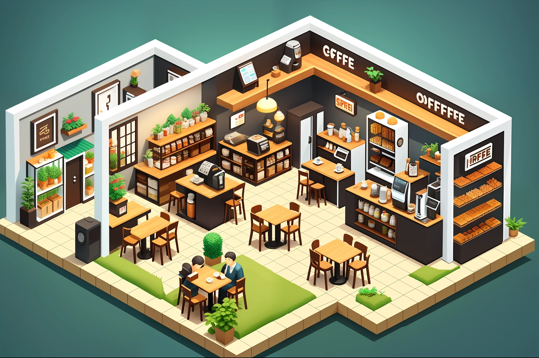 Coffee shop, miniature scene, simulation business game, orthogonal perspective, isometric perspective, realistic style,
