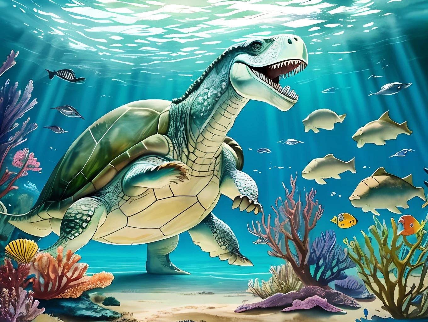 watercolor ,fantasy A 40 meter long dinosaur under the sea turtle, it has a dinosaur head big core and sharp teeth, swimming in the sea, there are 2 human divers near it, looking up, the shines into the sea, fantasy creation creature, peaceful atmosphere