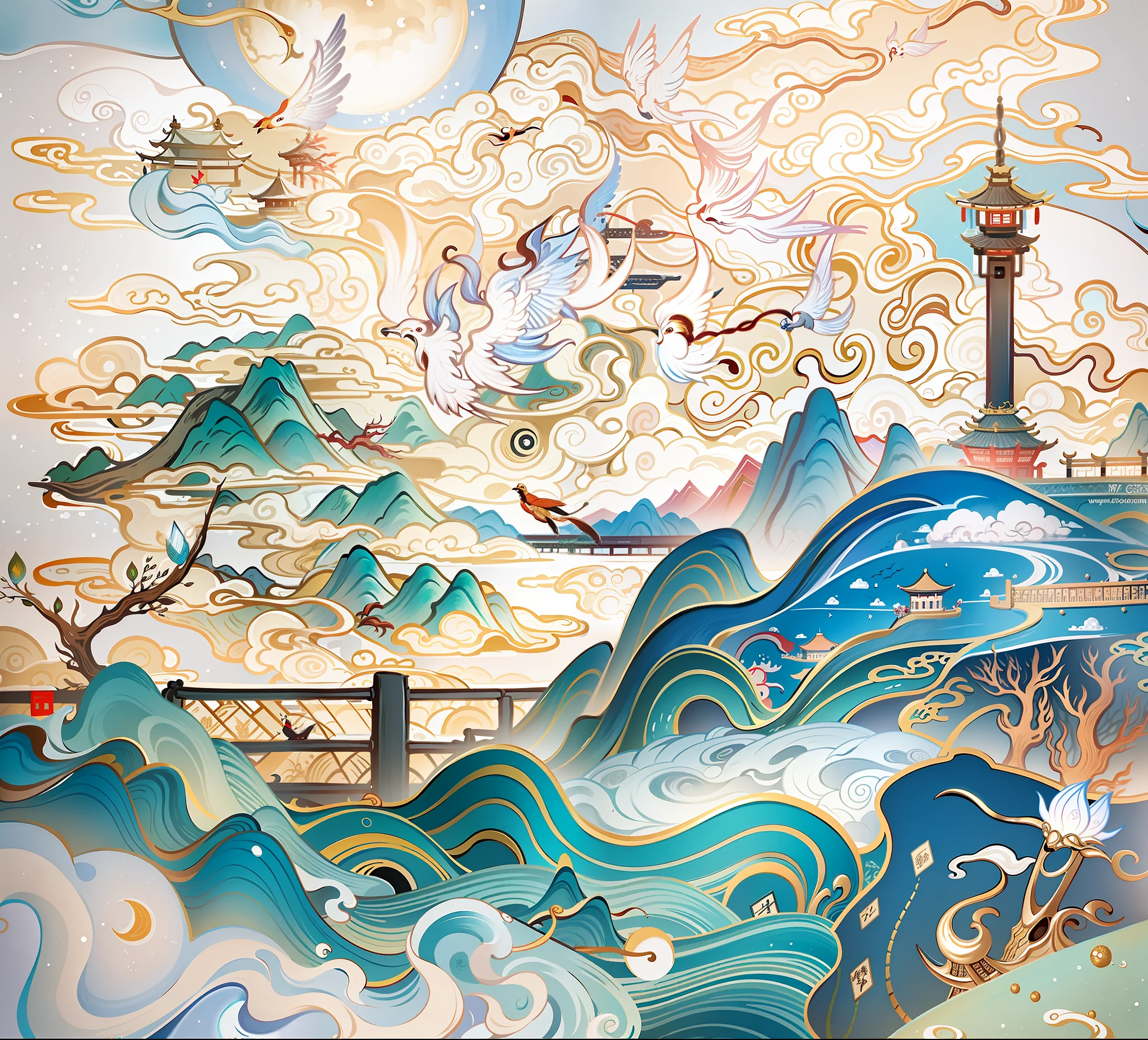 An ancient Chinese painting, ancient Chinese background, mountains, rivers, auspicious clouds, pavilions, sunshine, masterpieces, super detail, epic composition, ultra HD, high quality, extremely detailed, official art, unified 8k wallpaper, Super detail, 32k -- v 6