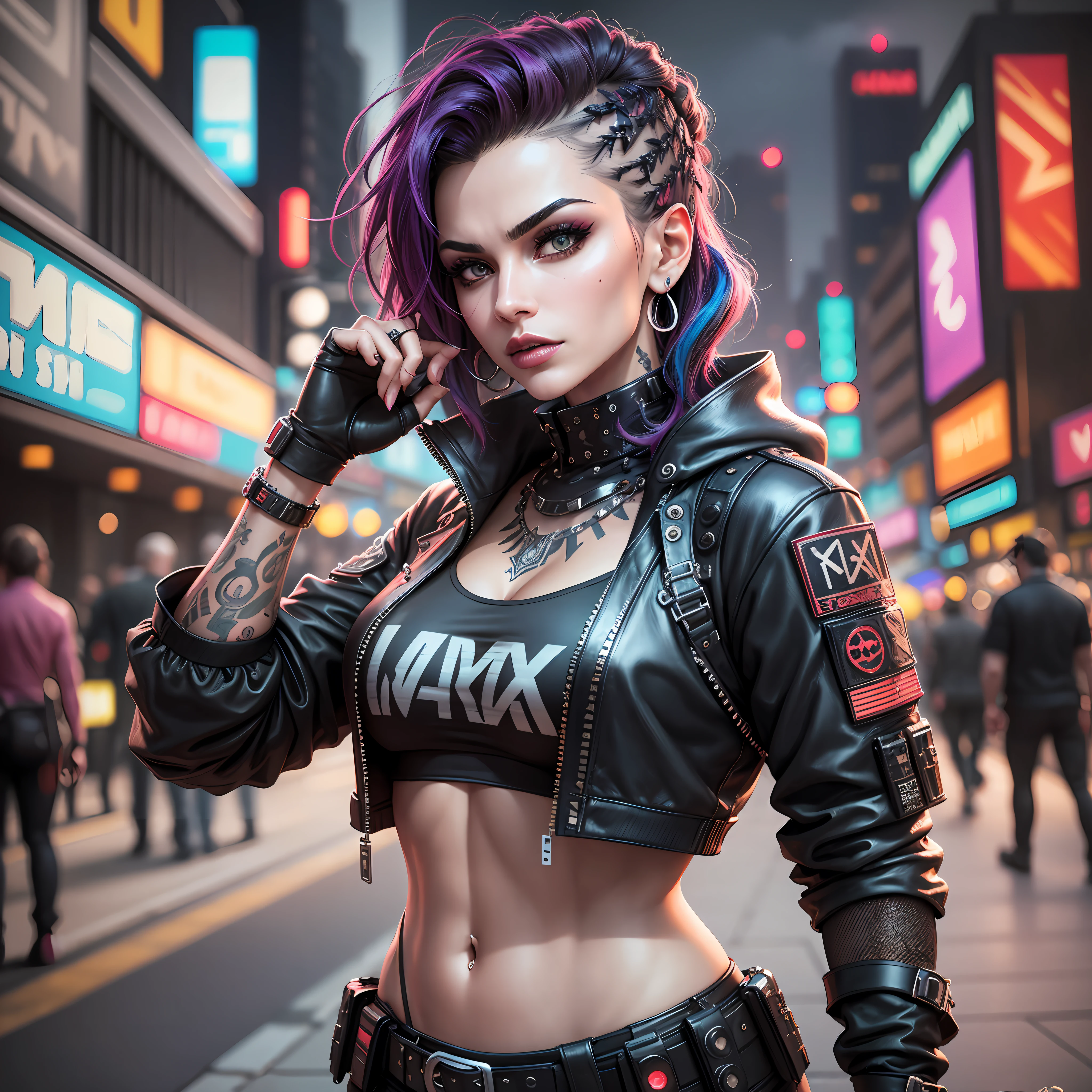 Persian punky gang leader, gorgeous middle-aged woman, elegant, punky style, overcast expression, street fashion, tactical gear, torso tattoos , feminine form , smooth skin ,matte red lipstick, flawless makeup, engaging gaze, dramatic lighting, biomechanical textures, cyberpunk city, neon lights, ultra-realistic, gang member sign, full pose, perfect proportions, dynamic perspective, high-resolution, photorealistic rendering, nighttime Urban landscape backdrop, extraordinary shot, intricate details, striking visual impact, admiration-eliciting, created with Cinema 4D and Octane Render, vibrant colors --auto --s2
