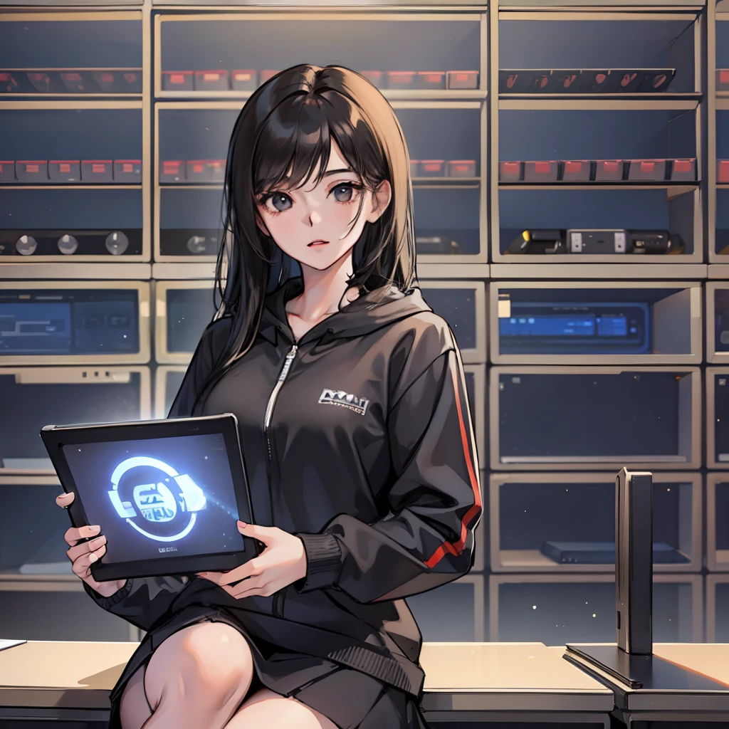 (((1 girl))), ray tracing, [detailed background], (black hair), sitting in front of a computer