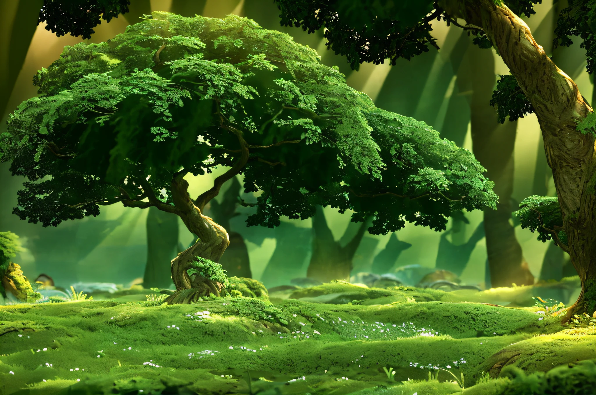 Green oak trees, shrubs and meadow isolated on transparent background. Forest or park design element. Realistic 3D render, 3D illustration. --auto --s2