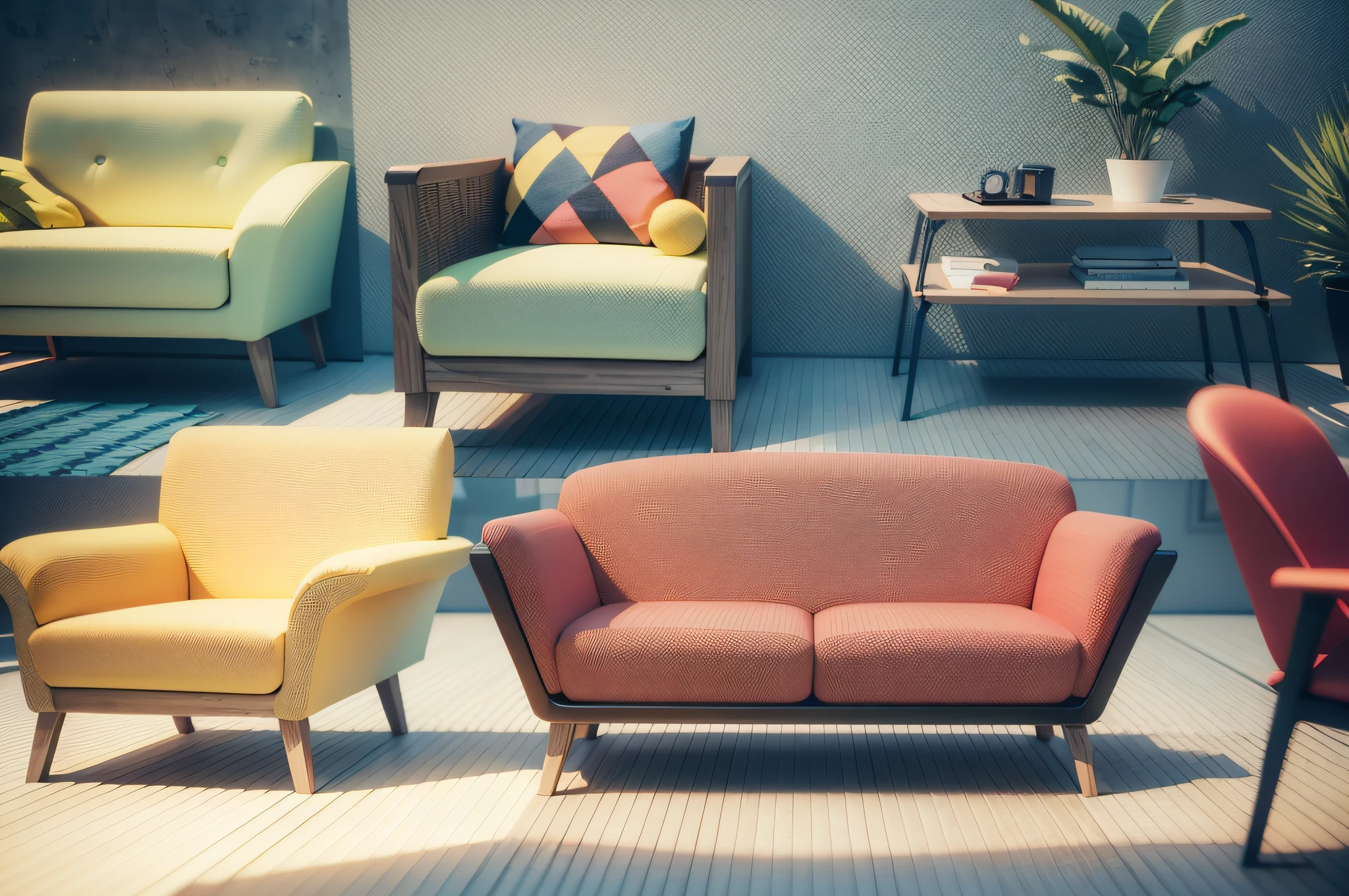 Set of modern interior design elements VOL. 1. Colorful furniture isolated on transparent background. 3D render. --auto --s2