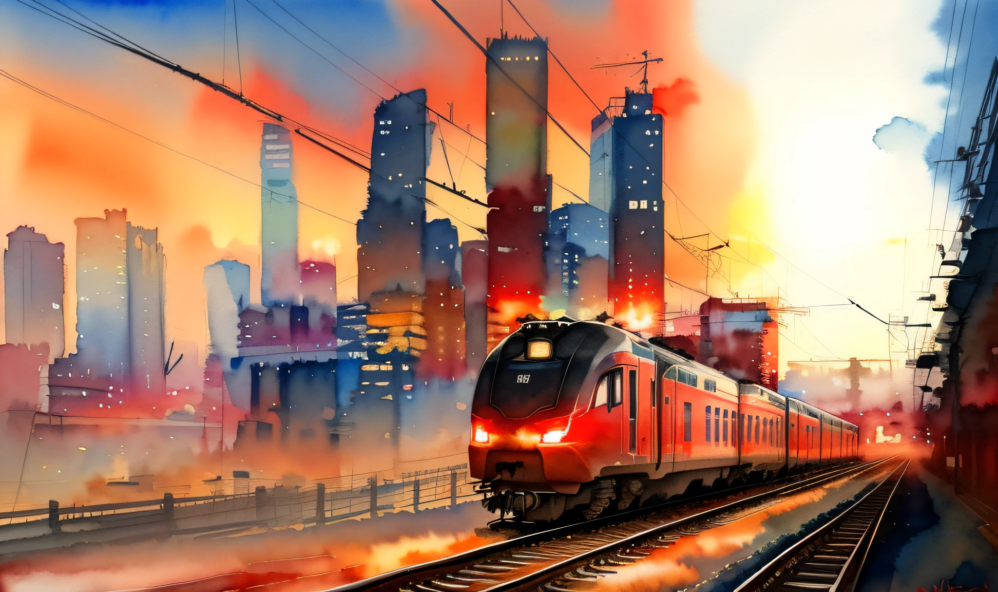 ( watercolor \(medium\), drawing, IrisCompiet:1.2),painting red black electric train on tracks, landscape, sfw, railway, background skyscrapers,evening,city,lights