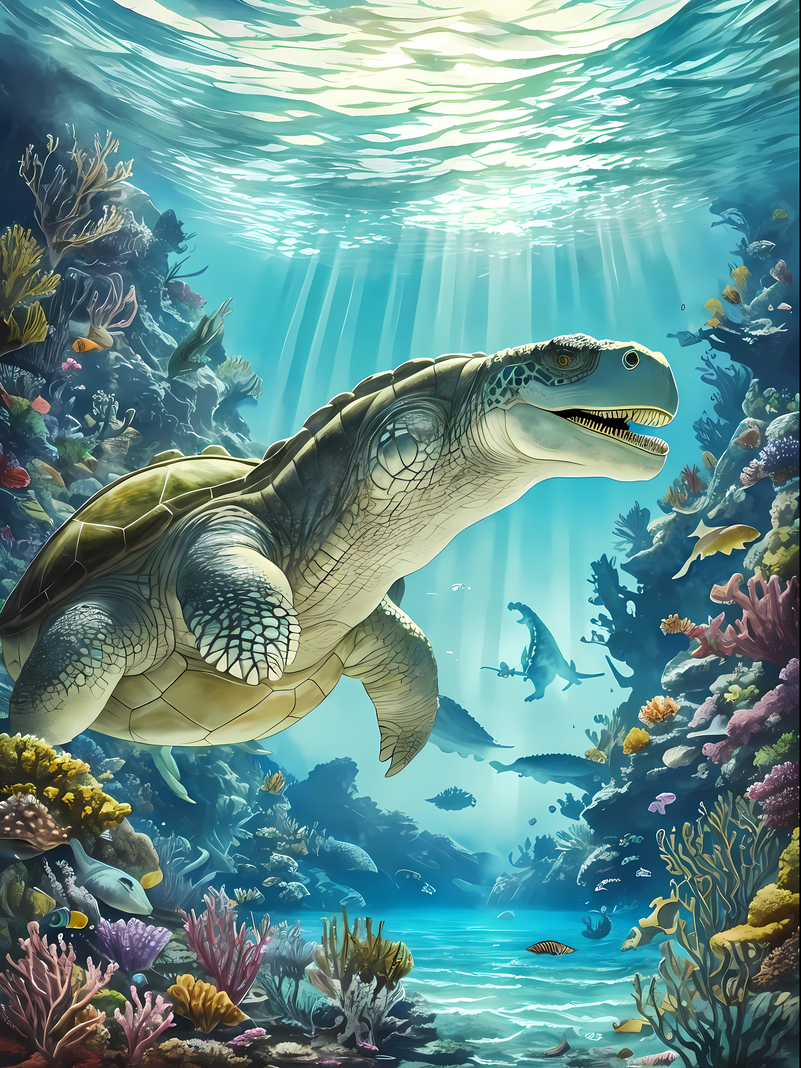 watercolor ,fantasy A 40 meter long dinosaur under the sea turtle, it has a dinosaur head big core and sharp teeth, swimming in the sea, there are 2 human divers near it, looking up, the shines into the sea, fantasy creation creature, peaceful atmosphere