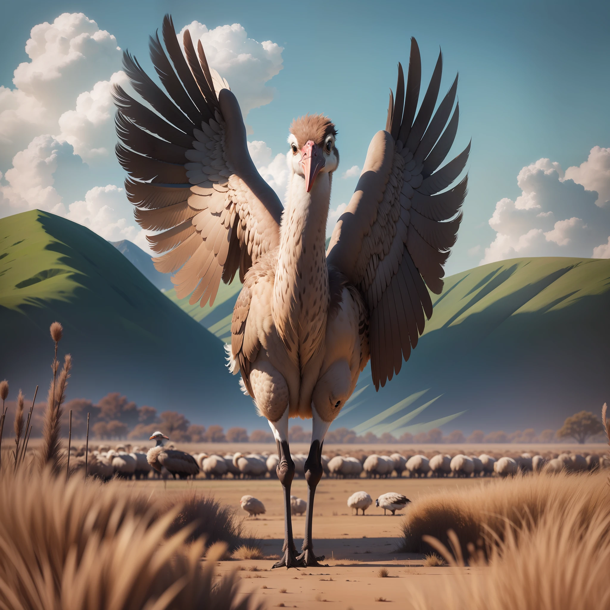 An adult and very cute ostrich with long legs and brown feathers mixed between light and dark with a green field in the background on a sunny day, 3d image, maximum clarity and sharpness