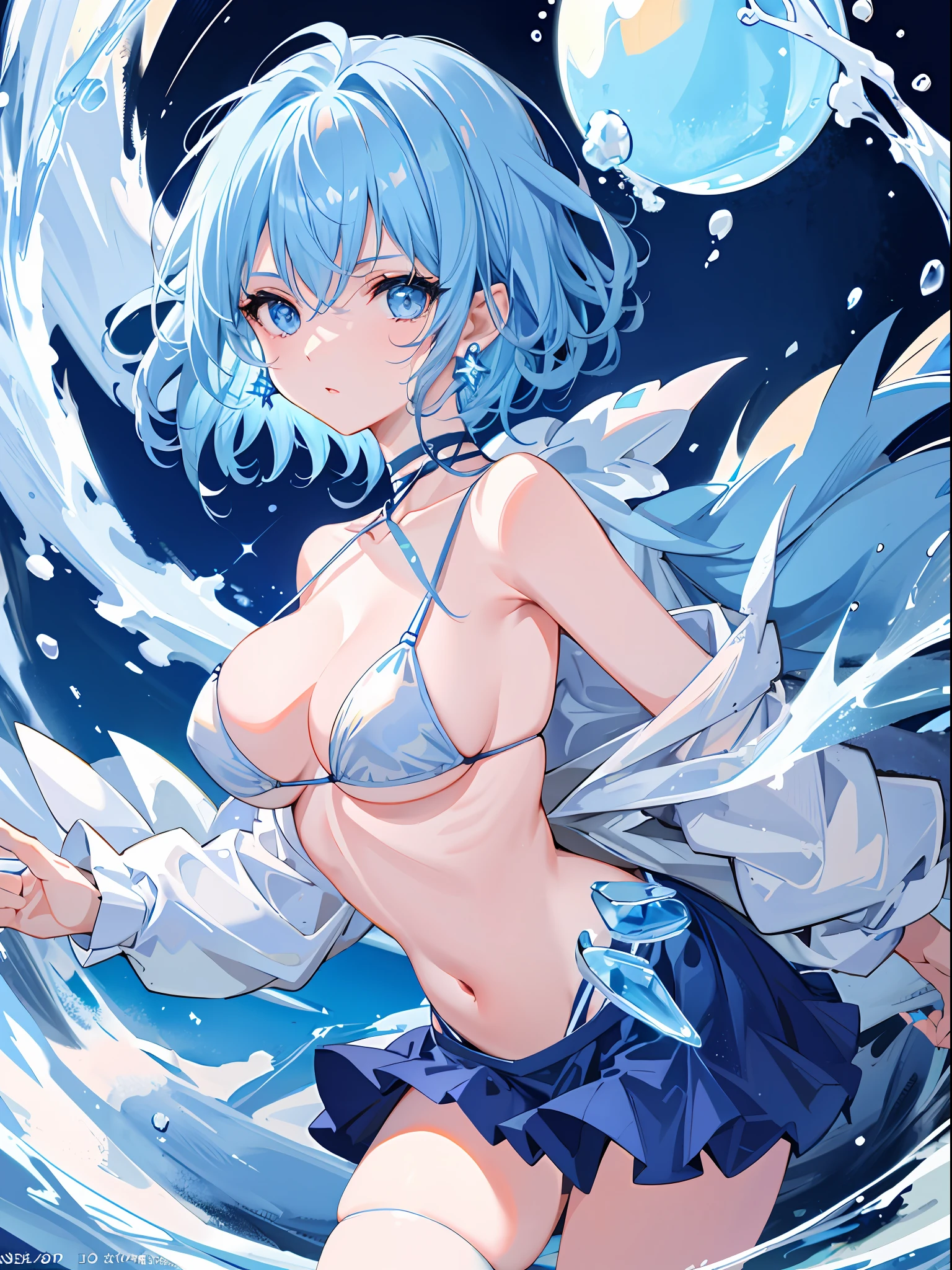 Ice Spirit, Solo, Girl, Sex, Ultramarine Color, Light Blue Hair, Disheveled Hair, Short Hair, Light Blue Eyes, Blue Nails, Lips Also Blue, Earrings, Ultra Mini Bikini, Water World, Icy Cold Expression, World's Most Beautiful Girl, Sex (Super Detail), Floating, Water Balls,