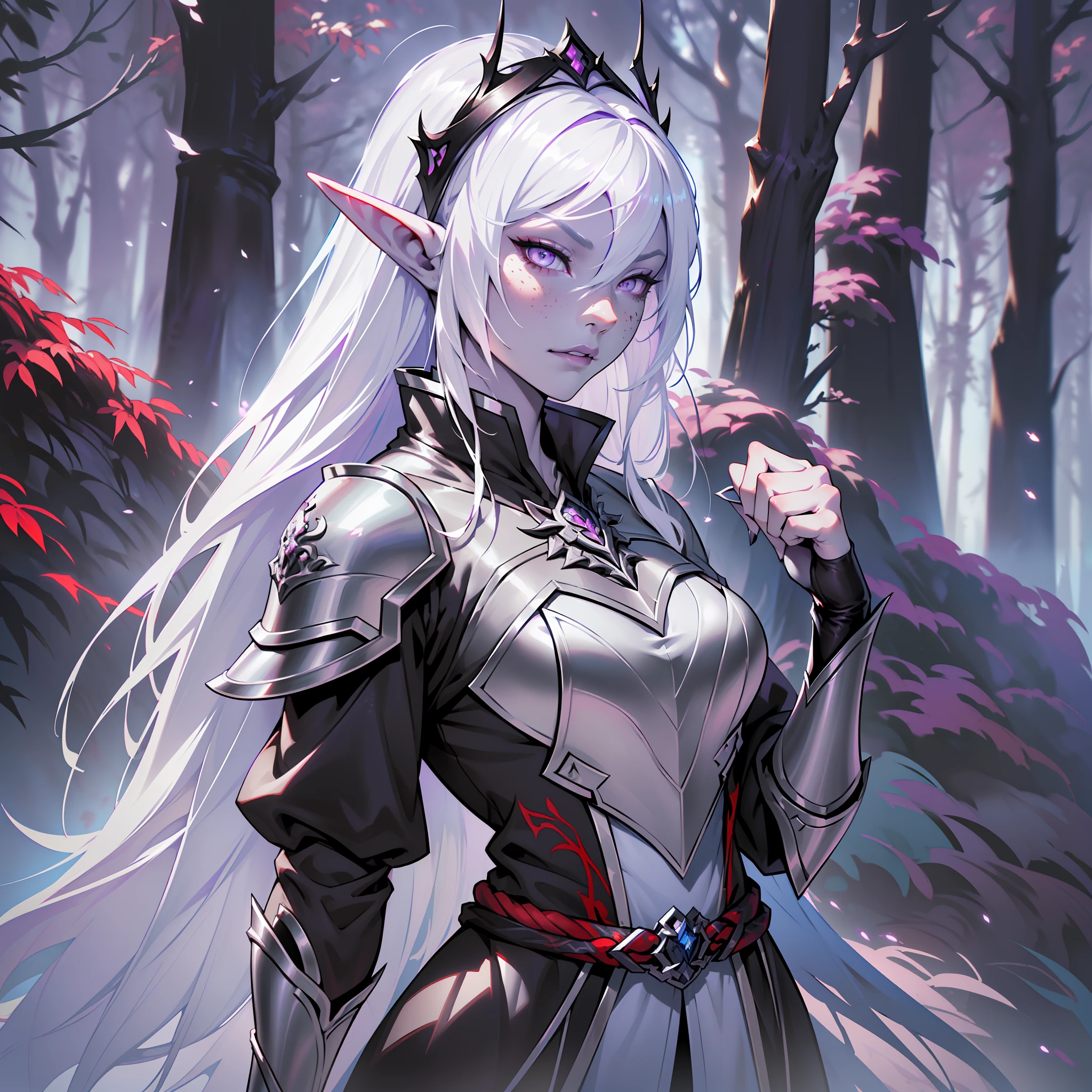 (extremely detailed 8k wallpaper:1.2), (best quality:1.2), (adventure and fantasy theme), profile (Paizo Pathfinder RPG character and Dungeons & Dragons), (((black elf race woman))), (((drow))), ((((asiatica))), young, beautiful, sexy, sharp focus, (subsurface scattering:1.1), award-winning photograph, ((Eastern Warrior Class:1.3)), ((half-body shot:1.1)), centered face, very long white hair, freckles on the face, white skin, pale skin, geisha paint on the face, bright lilac eyes:1.2, malicious expression, villainous, evil, wearing white leather armor, short sword in hand, (standing inside black forest:1.3), (very detailed background:1.2),dramatic lighting, sfw