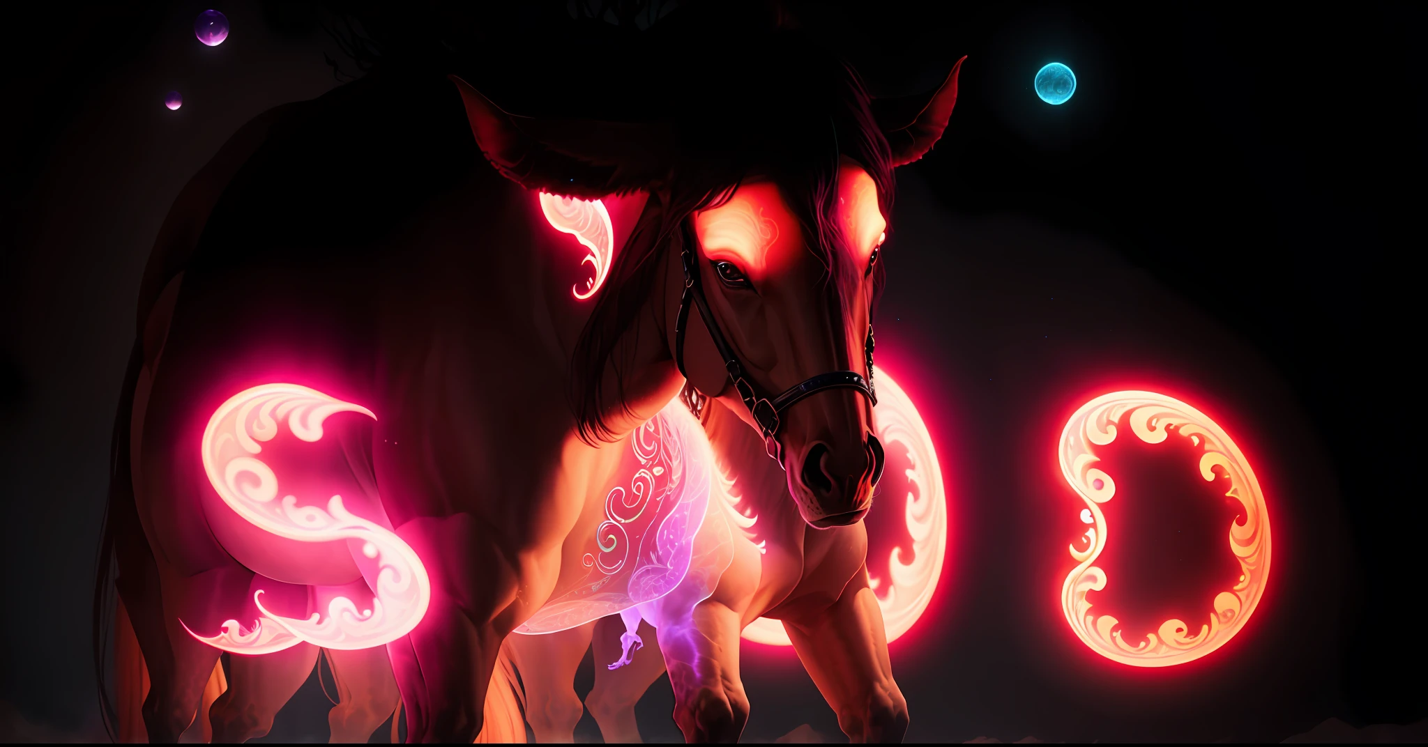 This ultra-realistic, high-definition, expertly-cinematographed, computer-generated image features a detailed horse standing in an enchanted forest filled with mystical creatures. The telepathic riders, dressed in ethereal garments, silently communicate as pulsing orbs fill the sky and swirling, translucent textures create a surreal and fantastical atmosphere. The atmospheric haze and soft ethereal lighting add to the enchanting mood, while the intricate creature designs, swirling translucent material, and thick liquid create a mesmerizing texture. The image quality is crisp, sharp, and highly-detailed, with vibrant colors and soft, luminescent lighting. This fantastical and otherworldly scene was created using a digital pen to produce a stunning work of computer-generated imagery. UHD,HDR10,16K