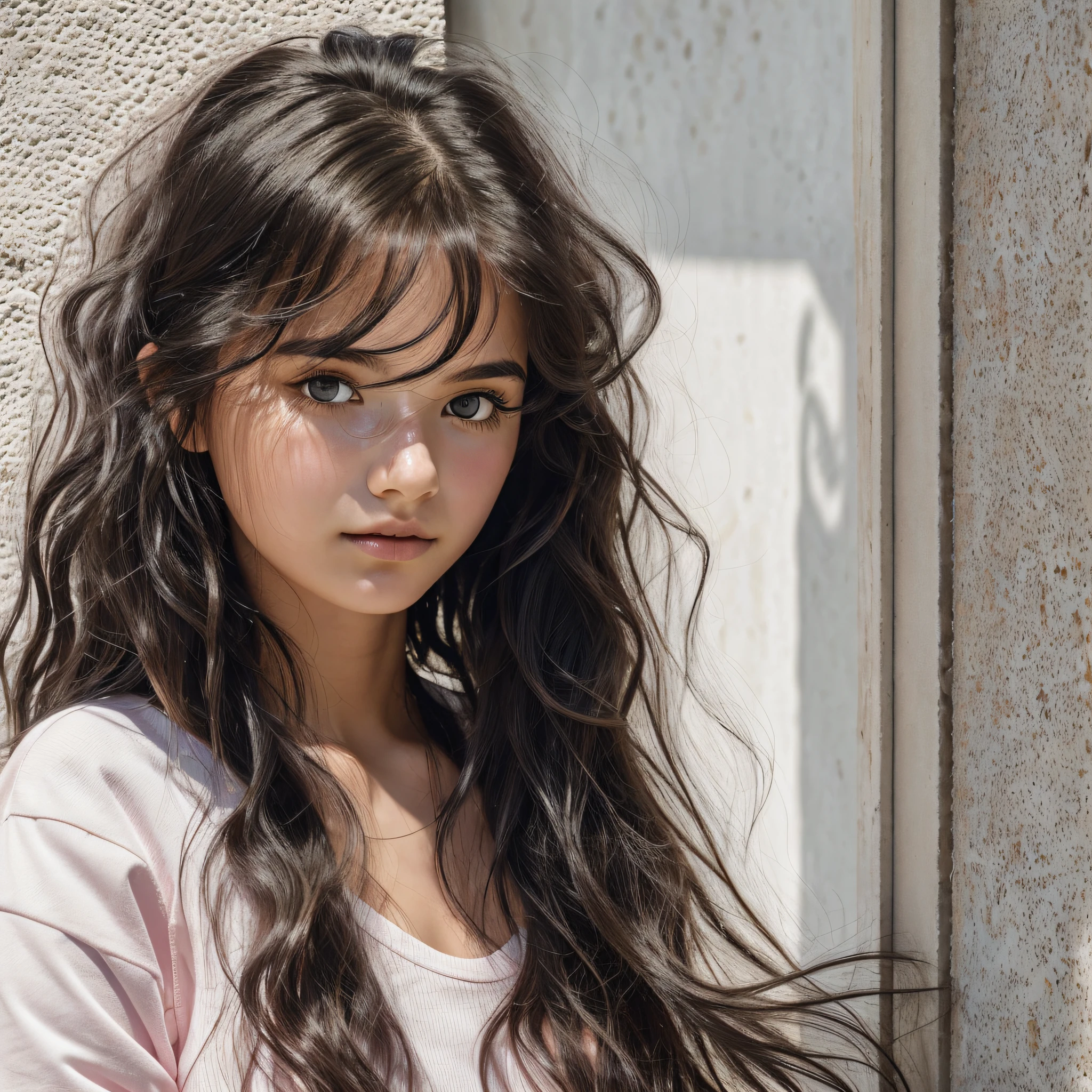 there is a young woman in a pink shirt next to a wall, she has messy hair, messy hair headboard, messy black hair, small child, messy hair, dark windblown hair, wet skin and windblown hair, a messy girl, messy young woman, messy curly hair, close-up photo portrait, girl with black hair, child, inverted hair, best quality flushed cheeks, masterpiece, white hair, golden eyes, white clothes, looking up, upper body, lock of hair, fair skin, side braids --auto --s2