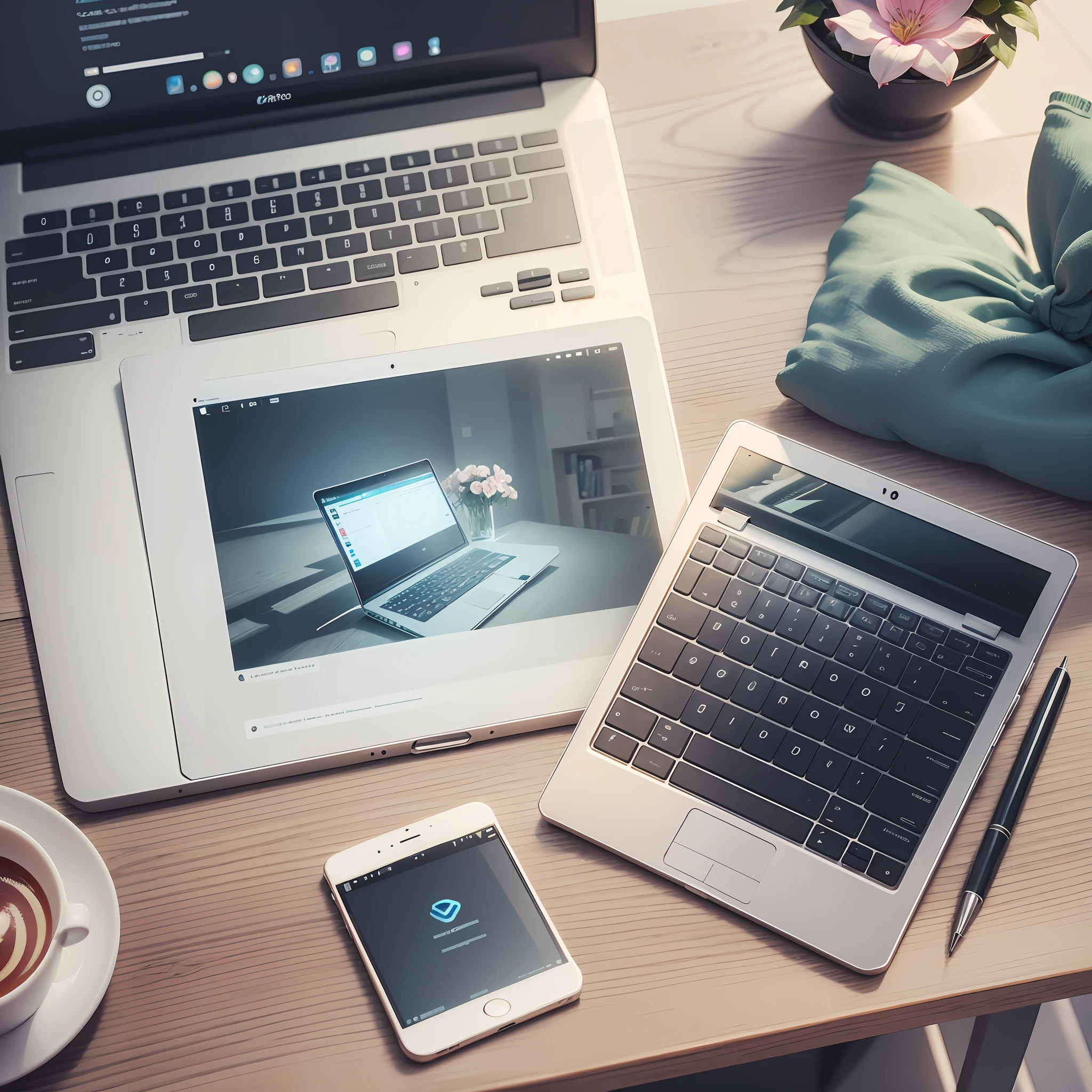 Create an image of a laptop by accessing a graphic design instagram profile, on top of a desk, with a calculator, with a business notebook next to it, with a delicate and clear flower. --auto --s2
