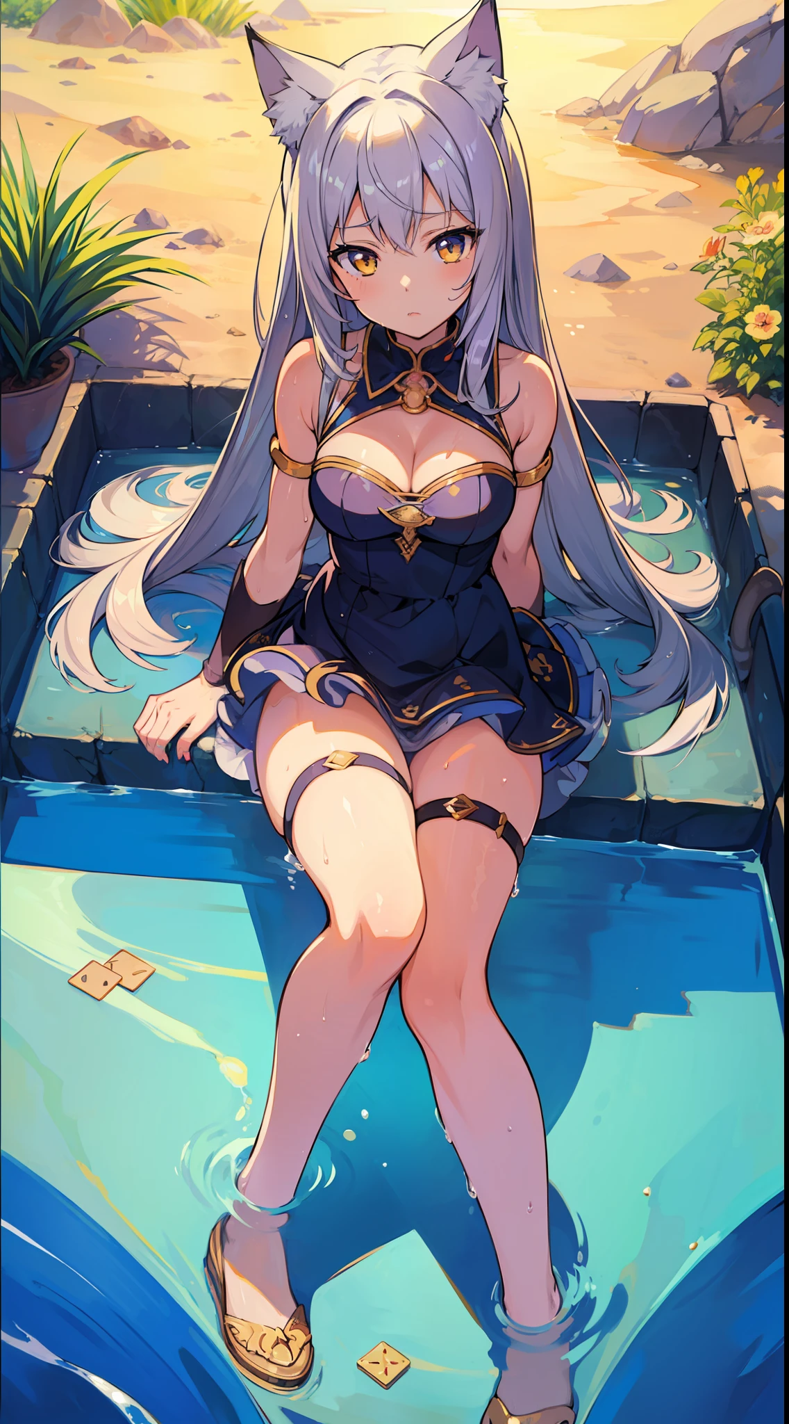 (Masterpiece), (Top Quality Anime Illustration), (Super Definition), One Girl, Solo, Silver-haired Beautiful Girl, Anime Loli, Cat Ear Loli, Cleavage Enhancement, Thigh Emphasis, Bastet God Costume, Bathing in Desert Oasis, Wet Sheer, Tarot Card Wind