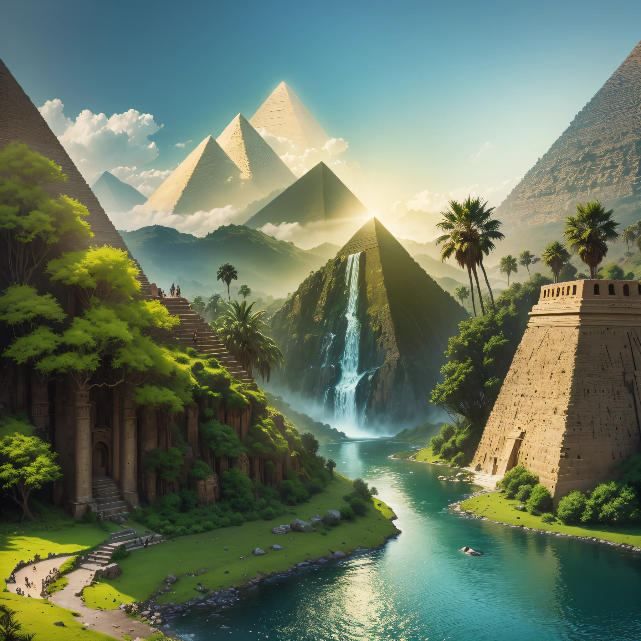 Huge pyramids Egypt, monuments of stone man coming out of a mountain are in the valley,in a mix of painting of a waterfall in a green forest with a ray of sunshine, waterfalls, incredible depth, breathtaking masterpiece of art, 16k, realistic photo. --auto --s2