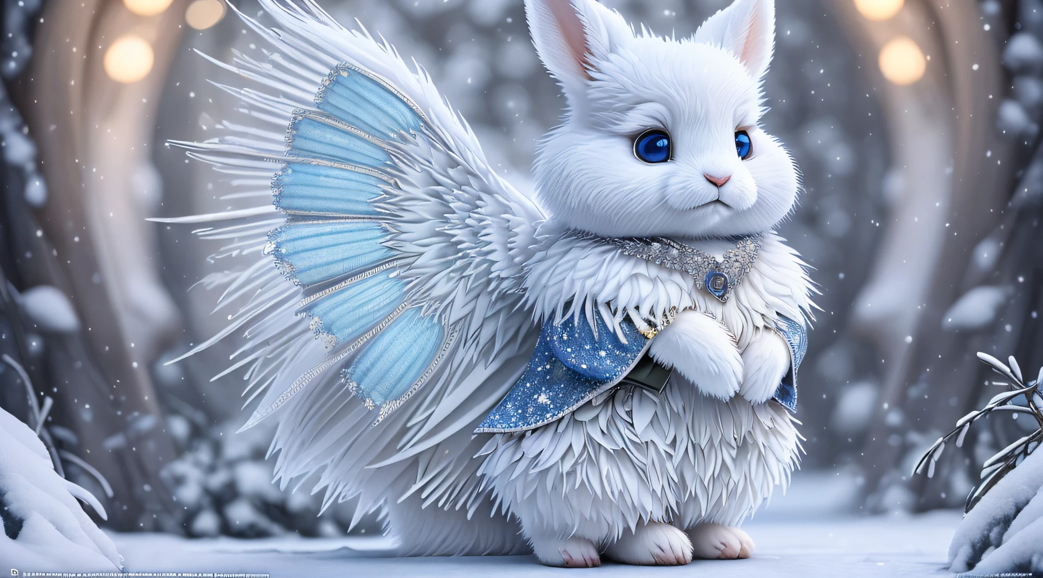 a cute little rabbit+snow-white fluffy,big bright eyes, sweet smile,sweet smile,sweet smile,dressed as a fashion model, wearing a blue Crystal texture Fashion suit, hat and handbag, snowwhite fluffy,big bright eyes, bright big eyes,standing, fluffy tail, winter rising, flowers and snow gently fluttering, extremely detailed 3d animation rendering symmetrical center position, super lifelike, super detailed, luxurious, 3, movie lights, super clear details, super transparent materials, closeup, complex texture, octane rendering, zbrush, 8k, super realistic ureal --auto --s2