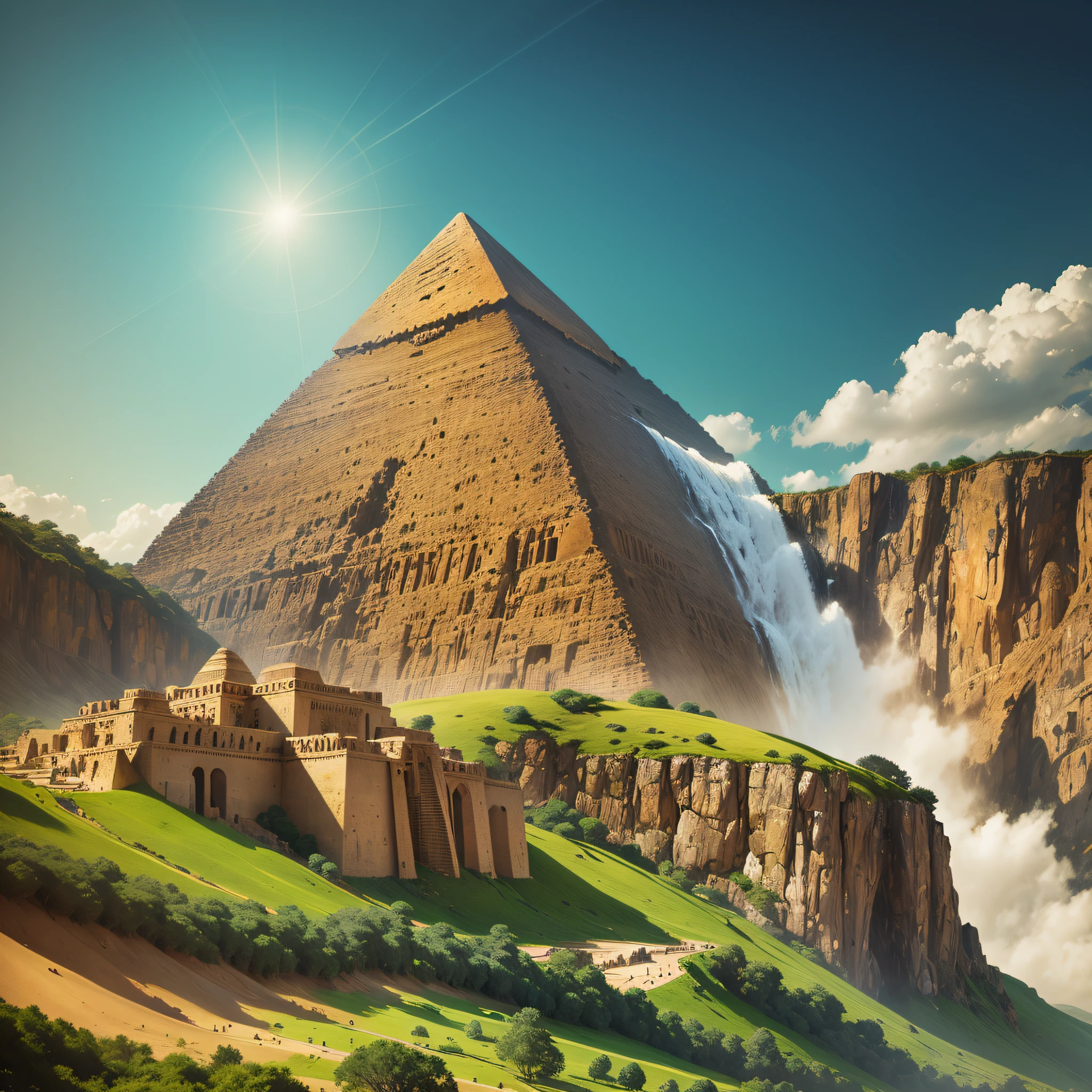 Huge pyramids Egypt, monuments of stone man coming out of a mountain are in the valley,in a mix of painting of a waterfall in a green forest with a ray of sunshine, waterfalls, incredible depth, breathtaking masterpiece of art, 16k, realistic photo. --auto --s2