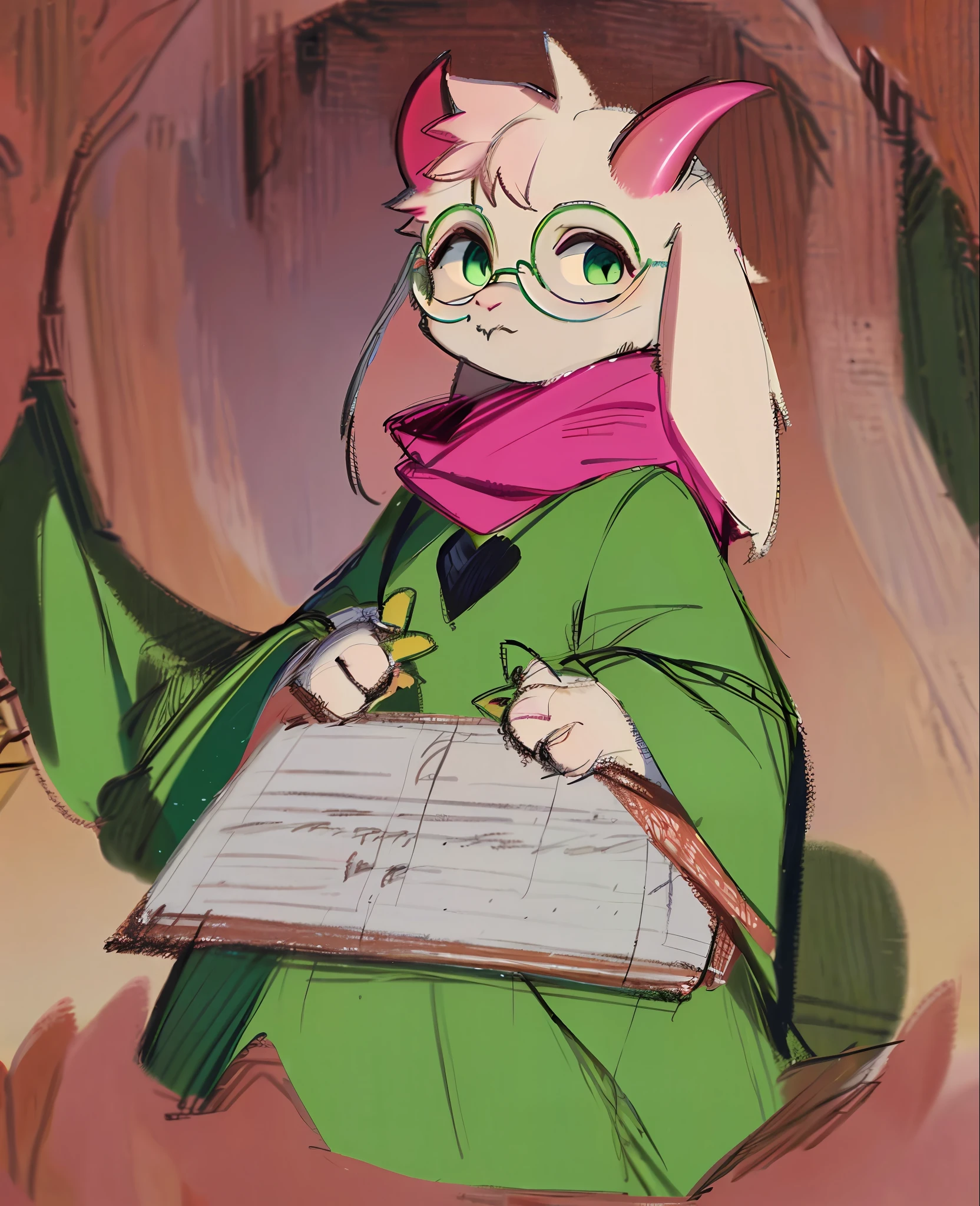 scan, (highres:1.2), (ultra-detailed:1.2), (oil painting:0.6), (sketch:1.2), 8k, 1boy, soil, furry, white fur, goat horns, pink horns, ralsei, wizard, snout, round glasses, glasses, goat ears, fluffy, anthro, horns, upper body, looking at viewer, green eyes, pink scarf, green dress, long sleeves,